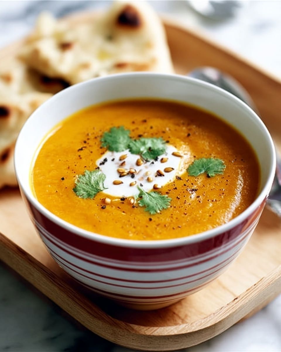 A white bowl with red stripes on the side is filled with smooth, thick orange soup. On top of the soup, there is a small dollop of white cream, sprinkled with small brown seeds and a few green cilantro leaves. The bowl is placed on a light wooden tray with a couple of naan bread pieces nearby. The background is a white marbled surface. Photo taken with an iphone --ar 4:5 --v 7