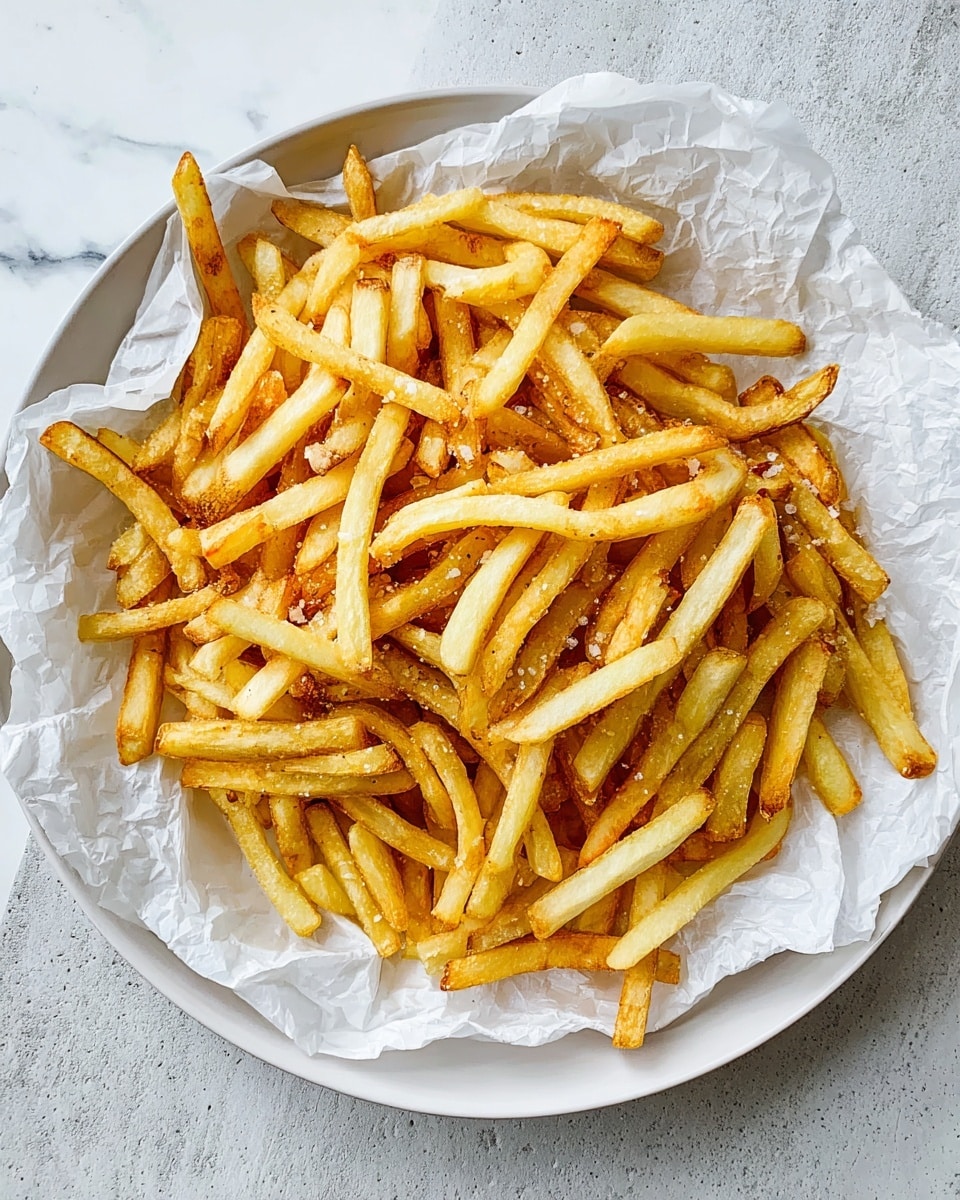A round white plate holds a large pile of golden-yellow French fries with some light browning on the edges, scattered with small white salt grains. The fries rest on a crumpled white parchment paper that covers most of the plate. The plate is set on a white marbled surface with soft natural light brightening the scene. photo taken with an iphone --ar 4:5 --v 7