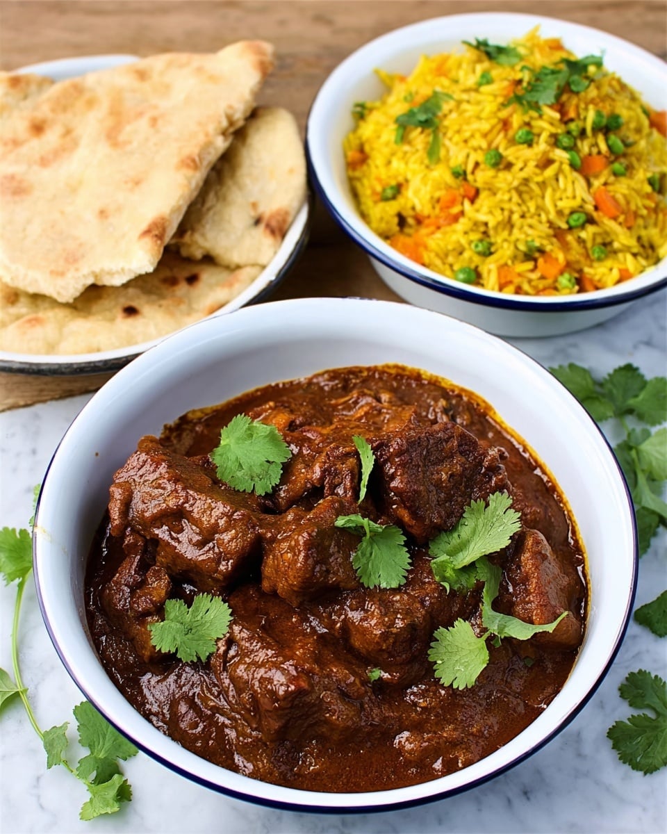 The image shows three white enamel bowls on a white marbled surface. The front bowl contains a rich, dark brown stew with chunks of meat covered in thick sauce, garnished with fresh green cilantro leaves. Behind and to the right, there is a bowl of bright yellow rice mixed with small pieces of orange and green vegetables, giving it a colorful look. To the left, there is a bowl with two pieces of light golden-brown flatbread, lightly browned and fluffy in texture. Some scattered cilantro leaves decorate the background. Photo taken with an iphone --ar 4:5 --v 7