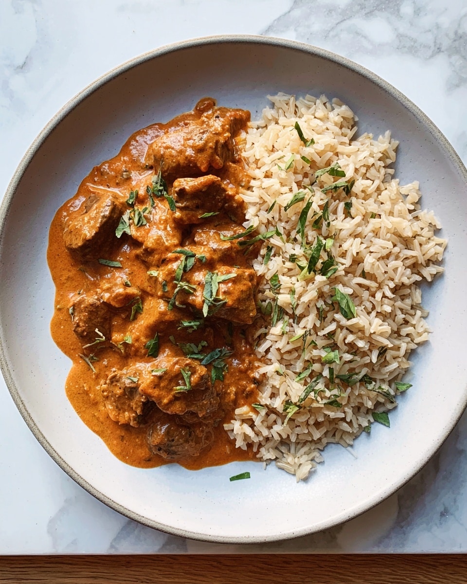A white round plate shows a serving of brown rice on the right side, with light beige grains that look soft and separated. To the left side of the plate, there are chunks of meat covered in a thick, orange-brown sauce with a creamy texture. Small pieces of green herbs are sprinkled on top of the sauce and rice, adding a fresh touch. The plate is placed on a white marbled surface. photo taken with an iphone --ar 4:5 --v 7