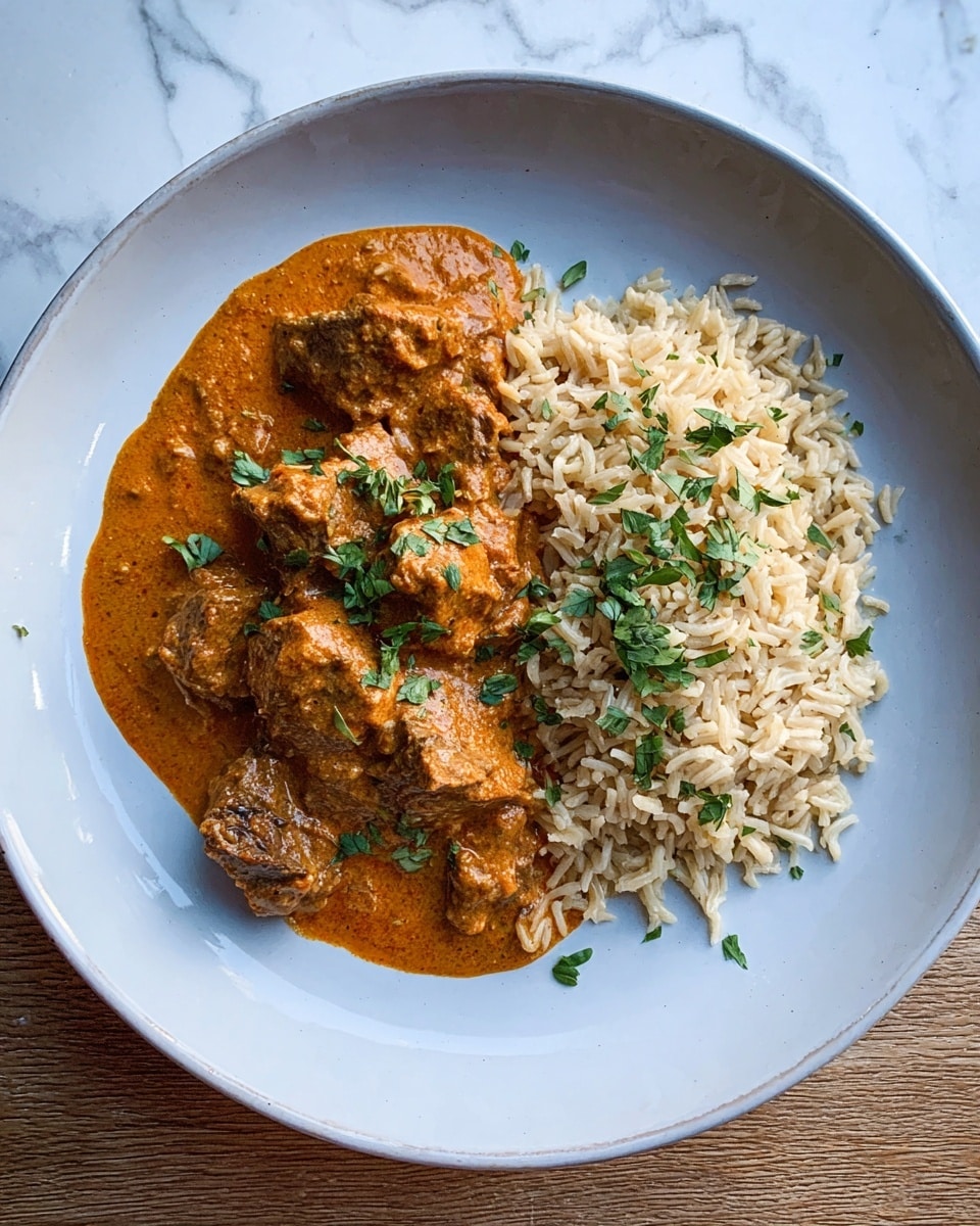 A white round plate holds two main parts of the dish on a white marbled surface: on the left, a rich, thick orange curry sauce covers chunks of brown meat, topped with small pieces of green herbs. On the right side, there is a light beige pile of cooked brown rice, with a few green herb pieces scattered on top and around both parts. The food looks warm and fresh. photo taken with an iphone --ar 4:5 --v 7