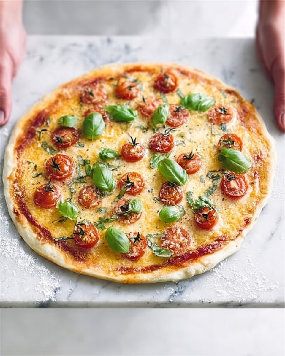 A round pizza with a thin, slightly browned crust held by a woman's hands on each side. The pizza has a base layer of red tomato sauce, topped with melted light yellow cheese that covers most of the surface. On top of the cheese are small, halved red cherry tomatoes and bright green fresh basil leaves spread evenly. The background shows a white marbled texture, and the pizza looks freshly baked and appetizing. photo taken with an iphone --ar 4:5 --v 7