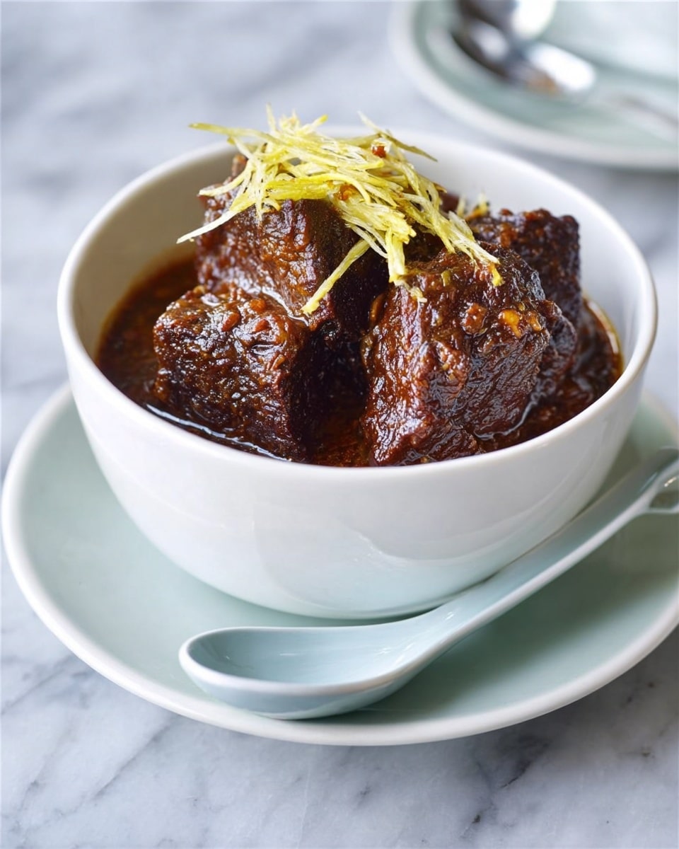 A white bowl filled with three thick pieces of dark brown meat covered in rich, glossy sauce with visible spices. Thin, light yellow strips of garnish sit on top of the meat, adding a contrast in color. The bowl rests on a matching white saucer with a pale blue ceramic spoon placed at the side. The background is a white marbled texture, giving a clean and simple look. Photo taken with an iphone --ar 4:5 --v 7