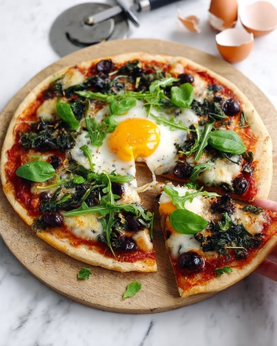 The image shows a thin pizza on a round wooden board with a white marbled surface beneath. The pizza has a golden-brown crust as the base layer, topped with red tomato sauce spread evenly. On top, there is a layer of dark green leafy vegetables, black olives, and melted cheese. In the middle, there is a sunny side up egg with a bright yellow yolk and white edges. Fresh green arugula leaves and basil are scattered on the top for garnish. A woman's hand holds a slice of pizza pulled slightly away from the rest. The background includes a white surface with some eggshells and a pizza cutter nearby. Photo taken with an iphone --ar 4:5 --v 7
