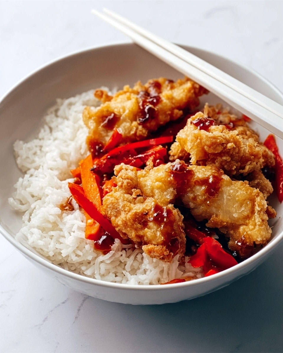 A white bowl filled with a layer of cooked white rice that looks fluffy and soft, topped with pieces of golden brown fried chicken that have a crispy texture. Around the chicken and rice, there are bright red bell pepper strips and some chopped tomatoes adding a fresh and colorful touch. A pair of white chopsticks rests on the edge of the bowl. The bowl is placed on a white marbled surface. photo taken with an iphone --ar 4:5 --v 7