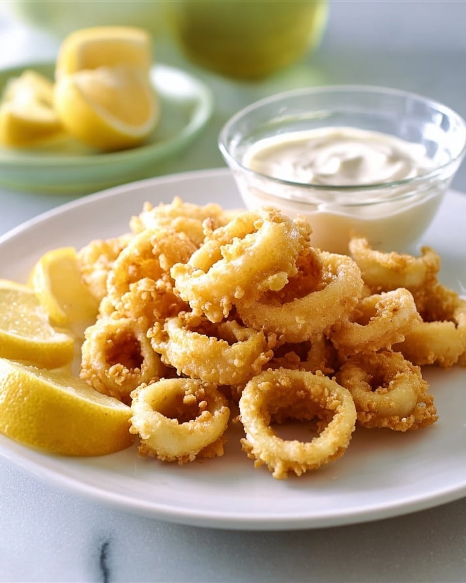 A white plate filled with a big pile of golden fried calamari rings covered in a light crispy batter, arranged in a slightly messy stack. On the left side of the plate, there are two bright yellow lemon wedges leaning against the calamari, adding a pop of color. Behind the plate, there is a small clear glass cup filled with thick white dipping sauce, smooth in texture. The entire scene is set on a white marbled surface. photo taken with an iphone --ar 4:5 --v 7