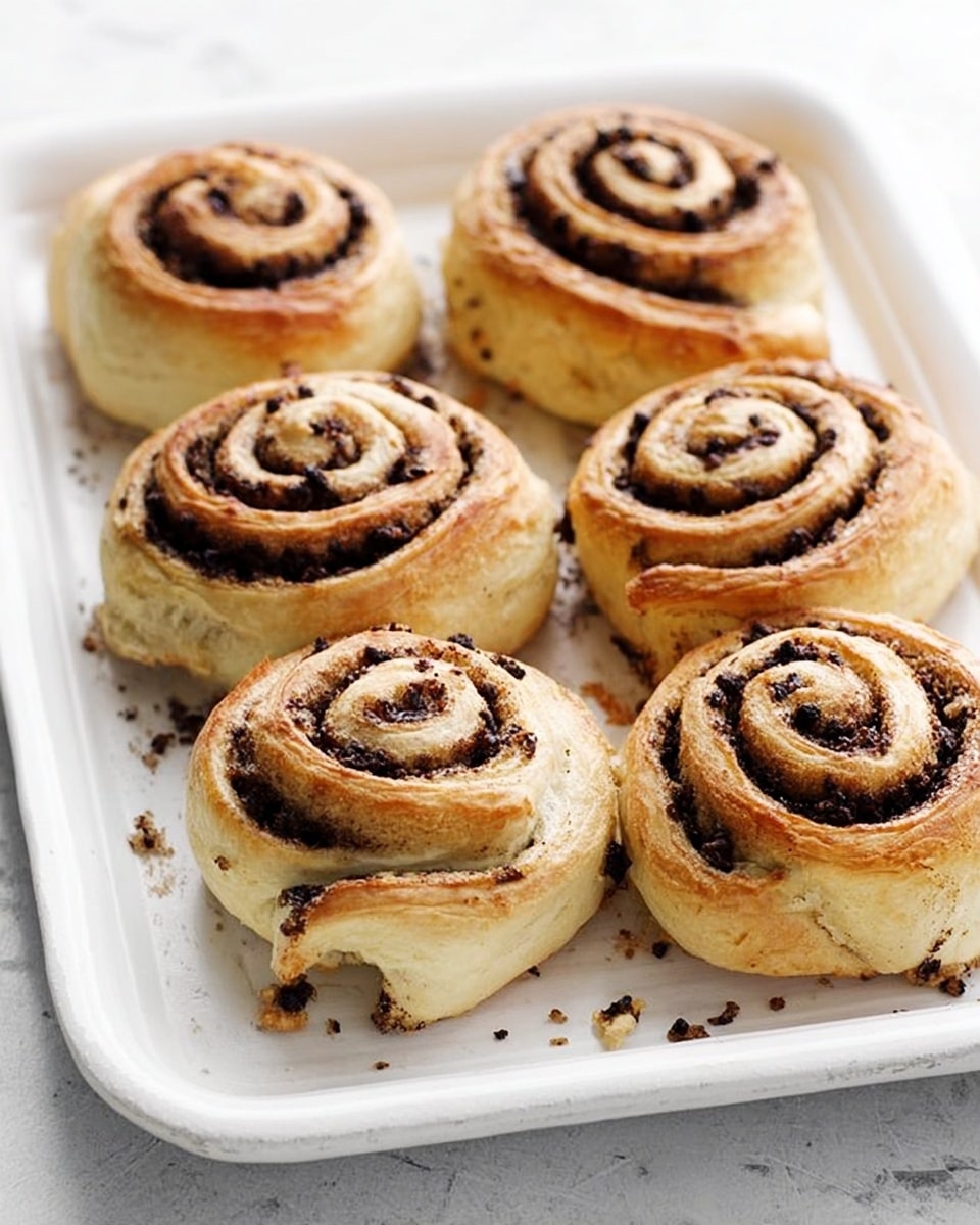 The image shows six spiral-shaped rolls placed on a white ceramic tray with slight raised edges. Each roll has two visible layers of golden-brown dough, with a dark filling swirled evenly through the spirals. The dough looks soft and slightly shiny, with some flaky parts on the surface. Small bits of the filling are scattered around the rolls on the tray. The tray rests on a white marbled surface. Photo taken with an iphone --ar 4:5 --v 7