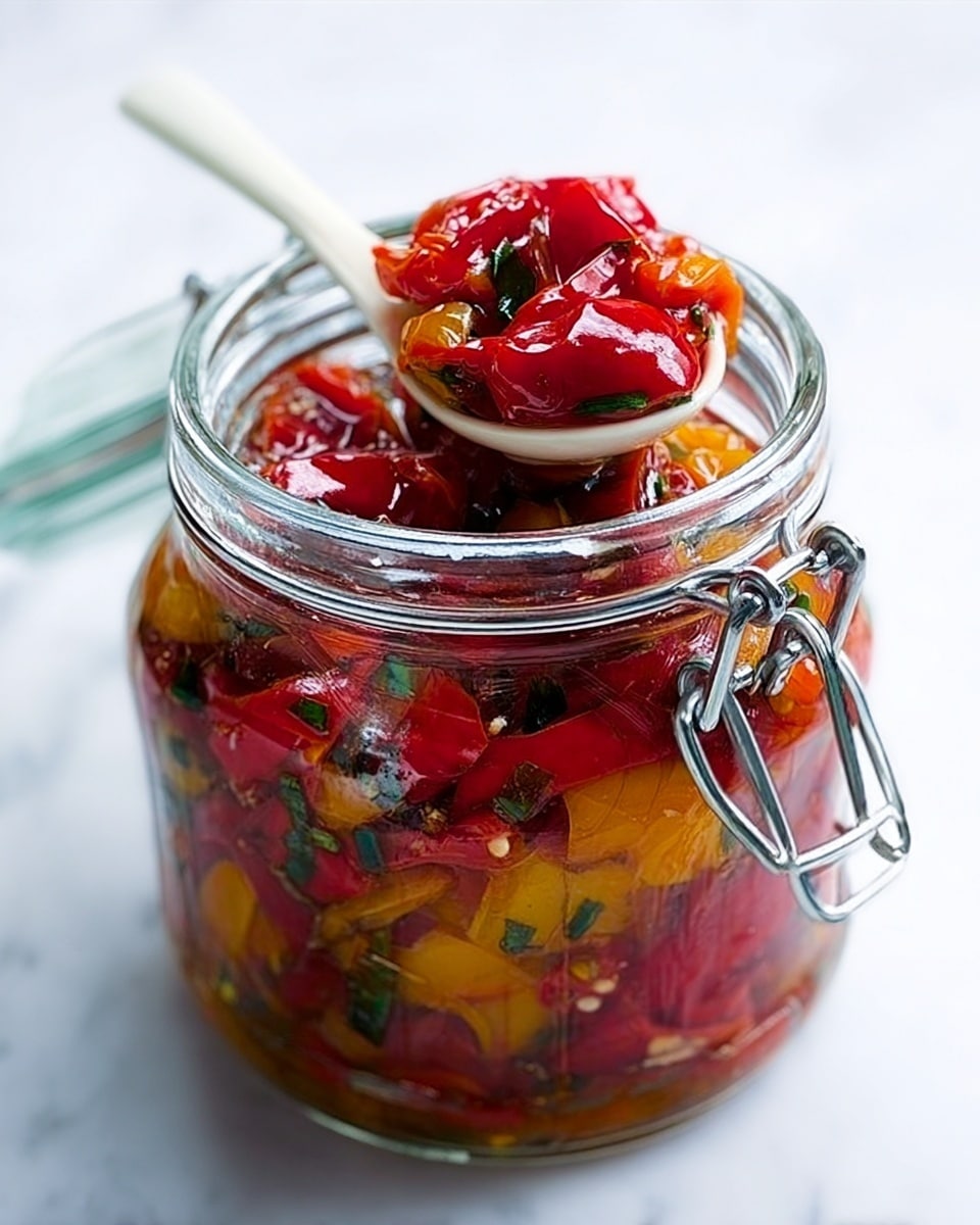 A clear glass jar with a metal clasp is filled with a mix of red and yellow roasted peppers, some pieces showing a slightly wrinkled texture and glistening from oil. Green herb bits are scattered inside the jar, adding small green patches among the peppers. On top, a white spoon with a smooth texture rests partly on the jar's opening, holding a small pile of the red roasted peppers that are shiny and slightly soft. The jar is placed on a smooth white marbled surface. The lighting is bright, giving the peppers a fresh and oily look. Photo taken with an iphone --ar 4:5 --v 7
