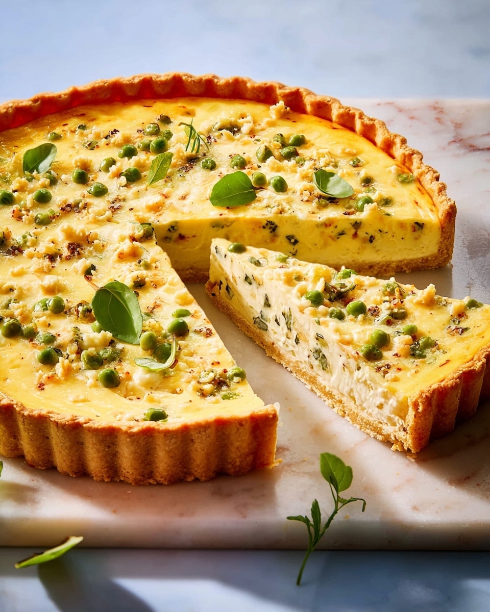 A round tart with a golden, slightly thick crust forms the base, topped by a thick, creamy light yellow layer mixed with small chunks and green peas evenly spread across the surface. Two slices are cut and slightly moved away from the tart, showing the smooth inside filling. Some fresh green leaves are scattered on top as garnish. The tart is placed on a white marble surface with soft natural light illuminating it, creating warm shadows. Photo taken with an iphone --ar 4:5 --v 7
