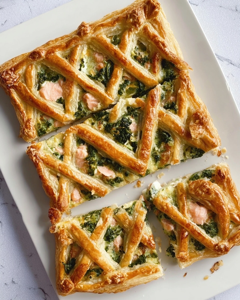 A rectangular puff pastry tart sits on a white rectangular plate over a white marbled surface. The tart has a golden brown crust with a lattice pattern on top made from thin pastry strips. Underneath the lattice, there is a layer of green leafy vegetables, possibly spinach or kale, and pieces of light pink salmon scattered evenly. The puff pastry looks flaky and crisp with a slightly shiny finish from an egg wash, and the tart has been sliced into four pieces with one piece slightly pulled away, showing the layers clearly. Photo taken with an iphone --ar 4:5 --v 7