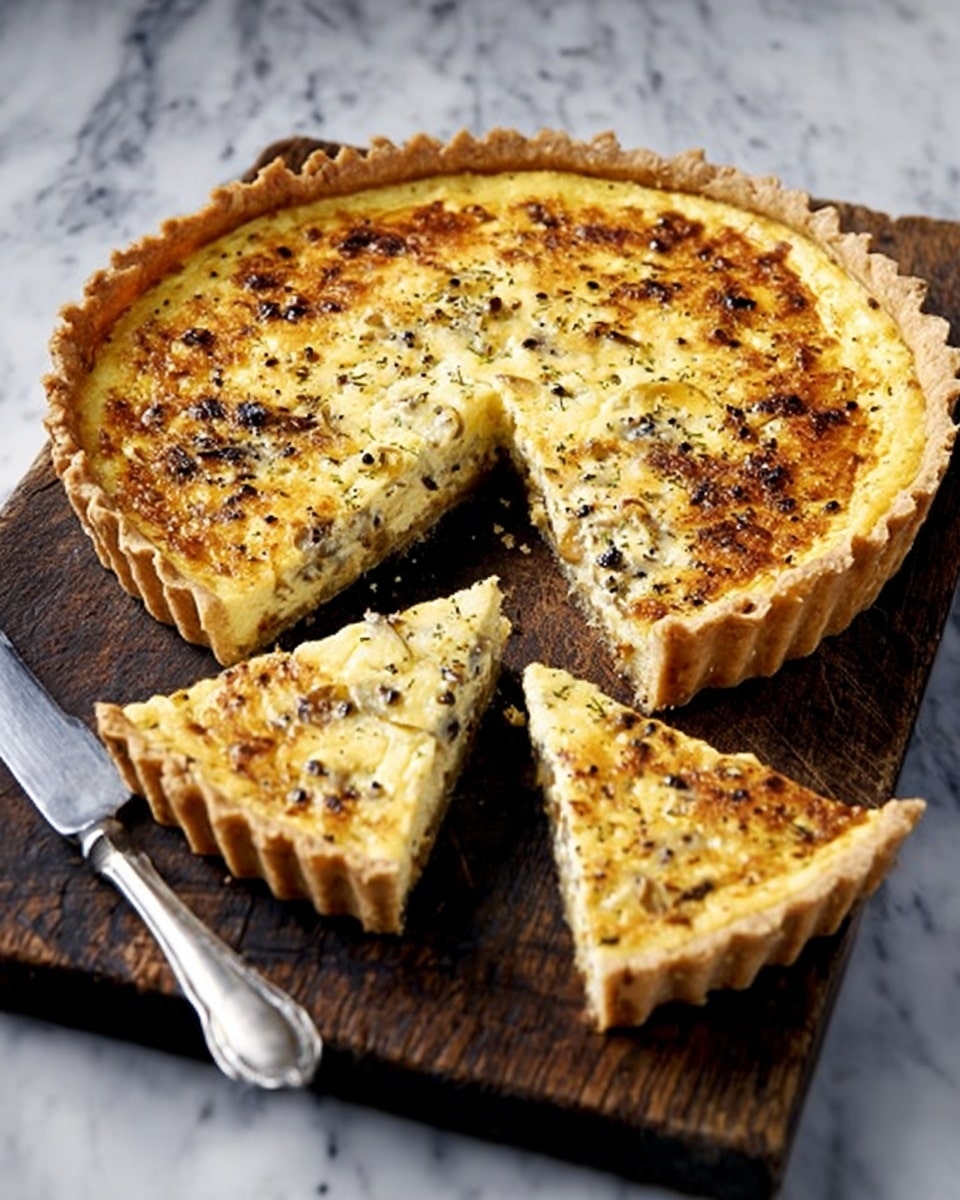 A round quiche with a golden, crumbly crust edge that is thick and slightly scalloped, filled with a creamy, pale yellow egg mixture that is speckled with black pepper and small green herb bits, showing a slightly browned and textured top; two slices are cut out and placed in front of the main quiche on a dark wooden board, exposing a soft, moist inside layered with visible pieces of mushroom and light green vegetables; next to the quiche is a shiny silver knife with a simple handle, all set on a white marbled surface. Photo taken with an iphone --ar 4:5 --v 7