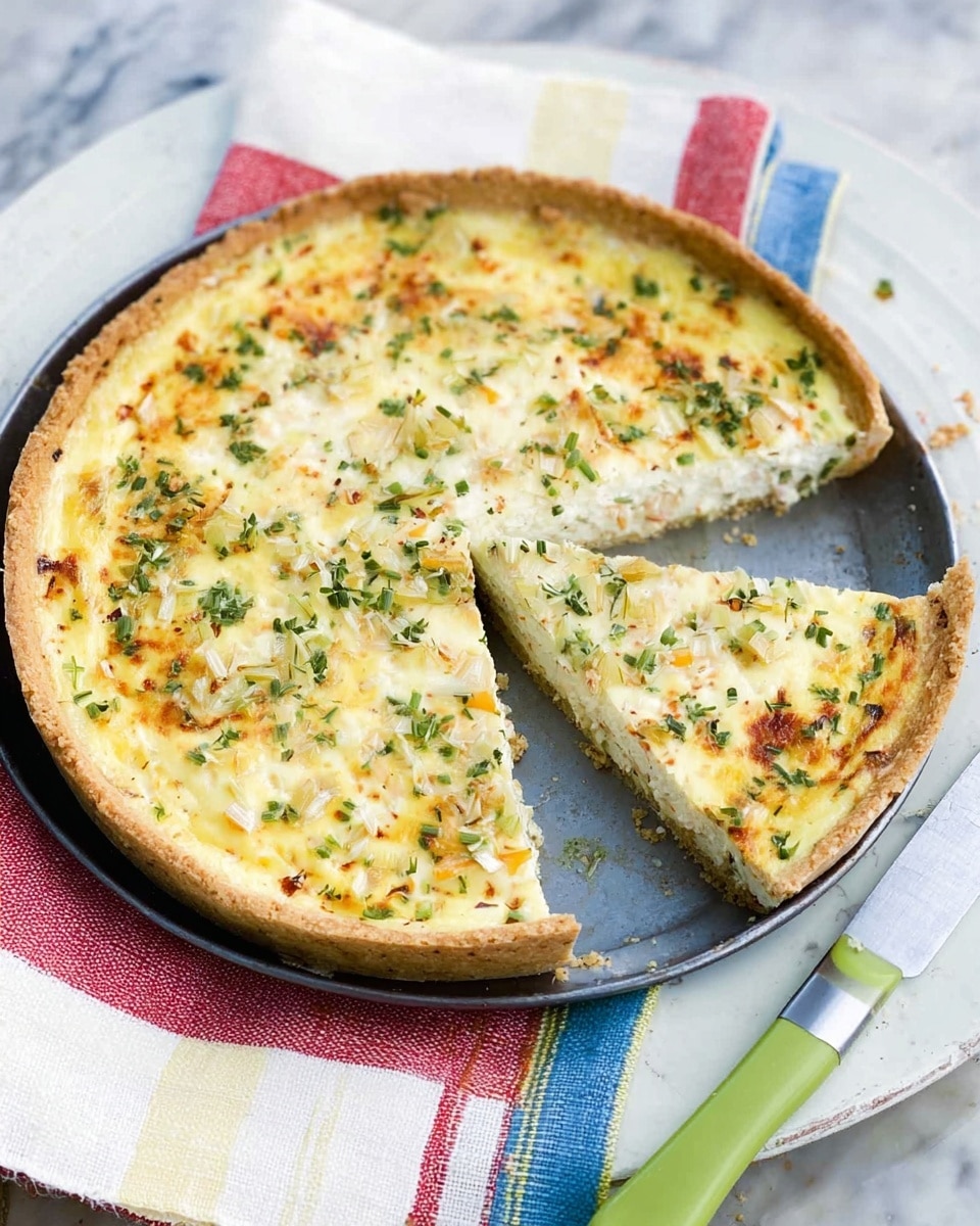 A round tart with one slice removed, showing two layers: a light golden-brown crust at the bottom and a creamy white filling mixed with small green herbs and small bits of orange and white vegetables on top. The tart is in a dark round pan placed on a white plate with a red, blue, and yellow striped napkin underneath. A knife with a green handle and white blade lies on the right side of the tart. The background is a white marbled surface. Photo taken with an iphone --ar 4:5 --v 7