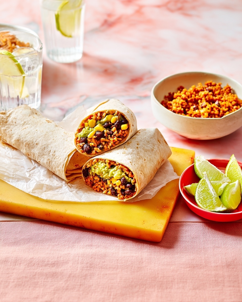 The image shows two burrito halves placed side by side on a small yellow wooden board, each wrapped partially in white paper, revealing layers inside that include a mix of orange rice, black beans, green guacamole, and yellow corn kernels, with the texture looking soft and slightly chunky. Behind the board, there are two rolled brown tortillas resting directly on it. To the right, a small white bowl filled with a reddish-orange, crumbly rice and bean mix is visible. In front of the board, a small red dish holds three bright green lime wedges. The setting is on a soft pink cloth with a white marbled texture, and a woman's hand holding a glass of water with a lemon slice can be seen in the upper background. The photo taken with an iphone --ar 4:5 --v 7