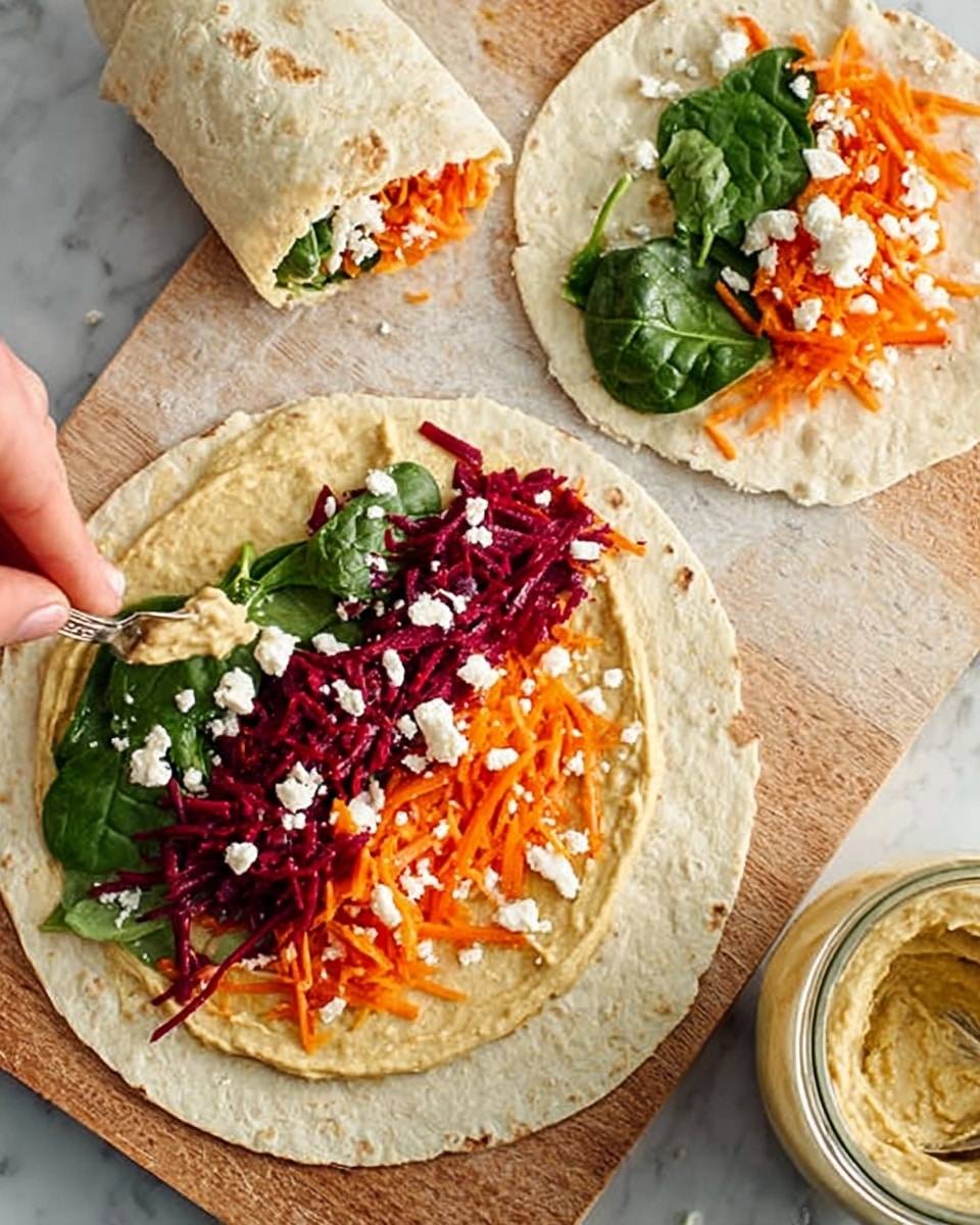 A white tortilla flatbread is open and topped with three colorful layers: dark red shredded beets on the left, bright orange shredded carrots in the middle, and fresh green spinach leaves on the right. White crumbled cheese is scattered on top of the vegetables. The flatbread is laid on a white marbled surface with a jar of creamy hummus nearby, and a woman's hand holding a white spoon with hummus is partially visible. In the background, two folded white tortillas filled with the same ingredients rest on a white plate. The photo has soft natural lighting. photo taken with an iphone --ar 4:5 --v 7