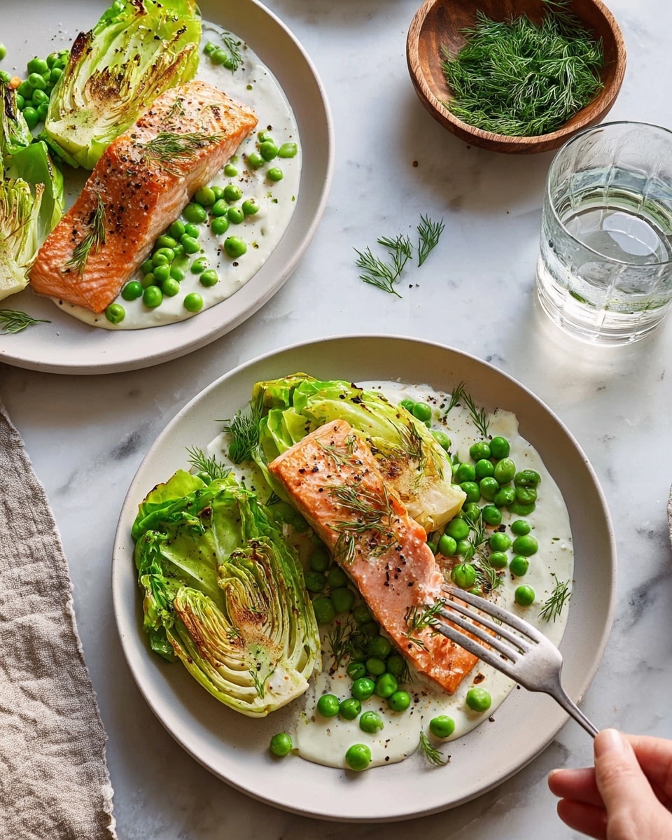 The image shows two white plates, each with a crisp, golden-brown piece of cooked salmon as the top layer, placed slightly off-center. Beneath the salmon, there are two charred, bright green grilled lettuce halves, with visible grill marks and a tender texture. Scattered on and around the salmon and lettuce are small, fresh green peas creating a lively contrast in color. The base layer on the plates is a creamy white sauce that pools gently underneath all the ingredients, adding a smooth texture to the dish. Garnishing the plates are small sprigs of fresh green dill adding a delicate detail. The plates sit on a white marbled surface, near a small wooden bowl filled with dill and a clear glass of water. A woman's hand holding a silver fork is gently touching the salmon on the top right plate. Photo taken with an iphone --ar 4:5 --v 7