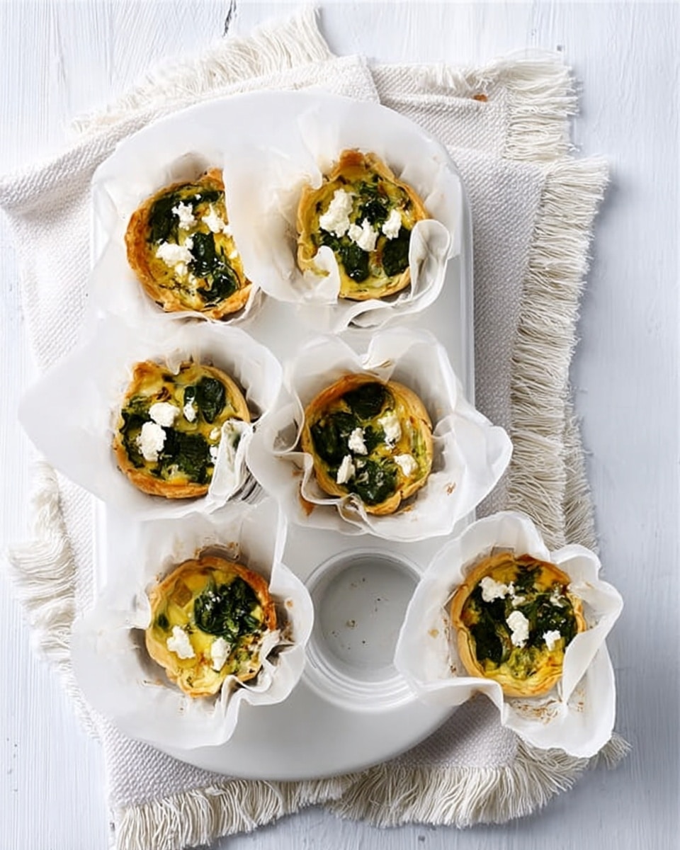 The image shows six mini savory tarts in a white muffin tray placed on a white cloth with fringed edges, on a white marbled surface. Each tart is wrapped in white parchment paper, which folds irregularly around the crust. The crust is golden brown and looks flaky. The filling is a mix of creamy yellow custard with dark green spinach or herbs spread on top. There are small dollops of white cheese or cream adding a smooth contrast on each tart. One tart sits outside the tray on the cloth, slightly separated from the others. The scene is bright and simple, highlighting the rustic, fresh look of the tarts. Photo taken with an iphone --ar 4:5 --v 7
