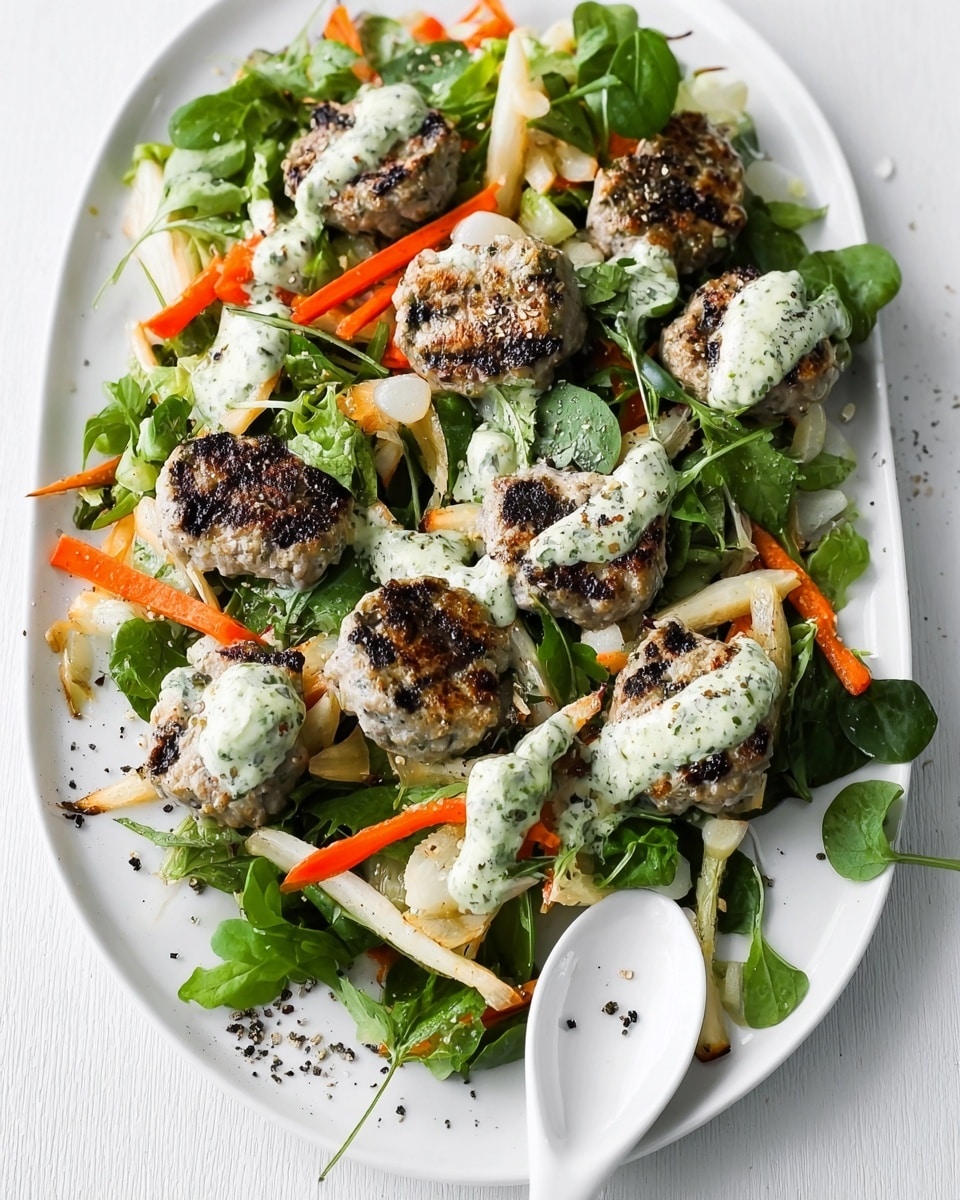 A white oval plate sits on a white marbled surface, holding a colorful salad with six grilled round meat pieces on top, each with visible char marks and a light green creamy sauce dolloped over them. Underneath, there are mixed green leaves along with thin slices of carrots and pale root vegetables, creating a mix of green, orange, and white colors. Some cracked black pepper is sprinkled all over the salad, adding speckles of black. In front of the plate, a white serving spoon rests on the surface. The overall look is fresh and appetizing. photo taken with an iphone --ar 4:5 --v 7