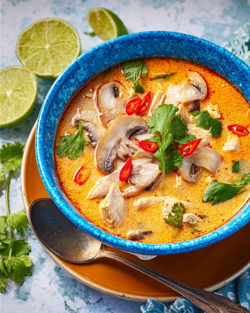 A blue bowl filled with a creamy orange soup that has visible pieces of sliced white chicken, white and brown mushrooms, and small red chili slices floating on top. Fresh green cilantro leaves are placed on the soup as garnish. The bowl is set on an orange ceramic plate with a black spoon resting beside it. On the left side of the plate, there are fresh lime wedges and some cilantro sprigs on a white marbled surface around the bowl. Photo taken with an iphone --ar 4:5 --v 7