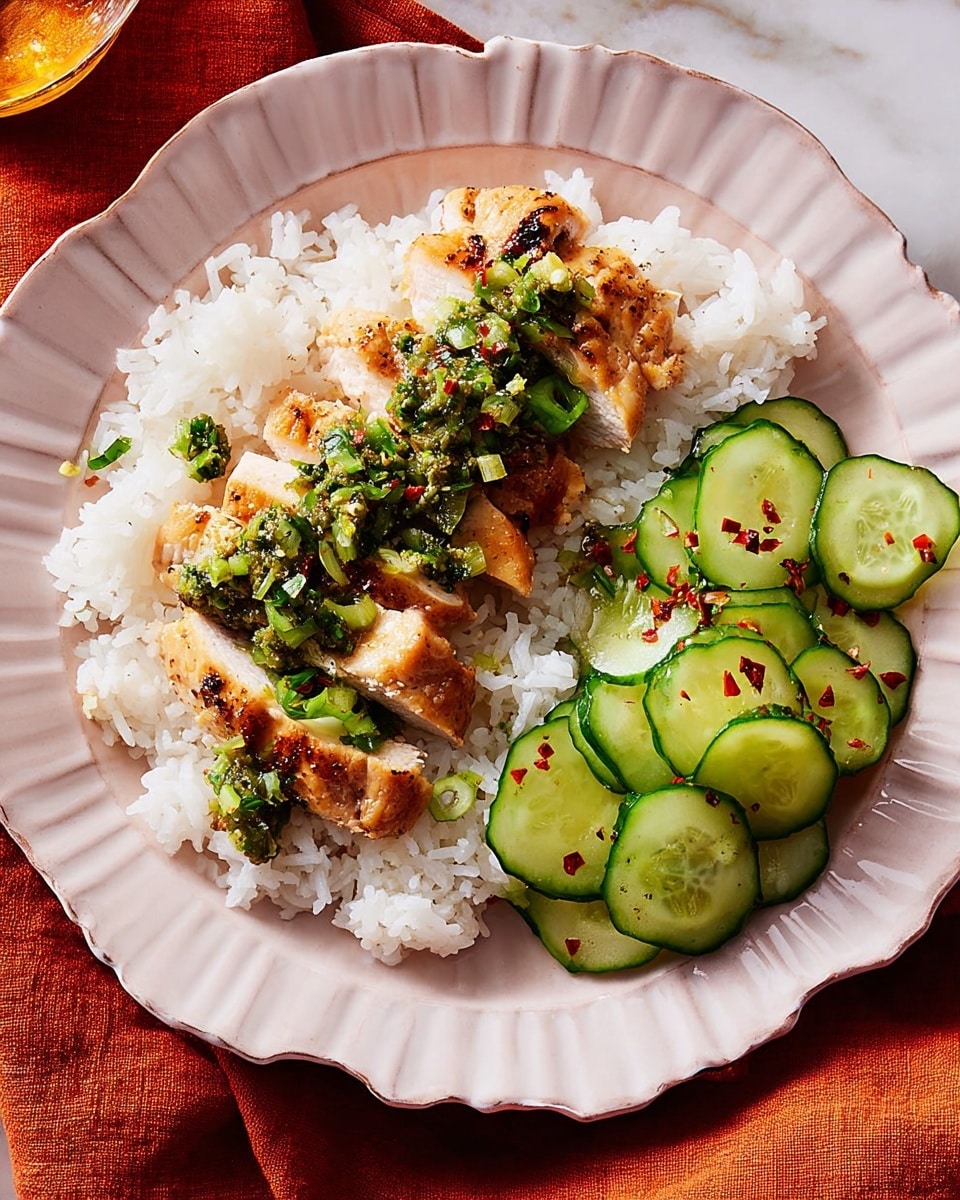 A white scalloped plate holds a serving of white rice forming the base layer, soft and slightly sticky in texture, spread out in the center. On top of the rice, a layer of golden-brown grilled chicken breast is sliced into thick strips, arranged in a neat row. The chicken is topped with a chunky green sauce made of chopped scallions and herbs, scattered lightly over the pieces. To one side of the plate, there is a small mound of sliced cucumber, cut into thick, semi-crescent shapes with a fresh green color and sprinkled with red chili flakes. The plate rests on a white marbled surface with a burnt orange cloth napkin visible nearby. photo taken with an iphone --ar 4:5 --v 7