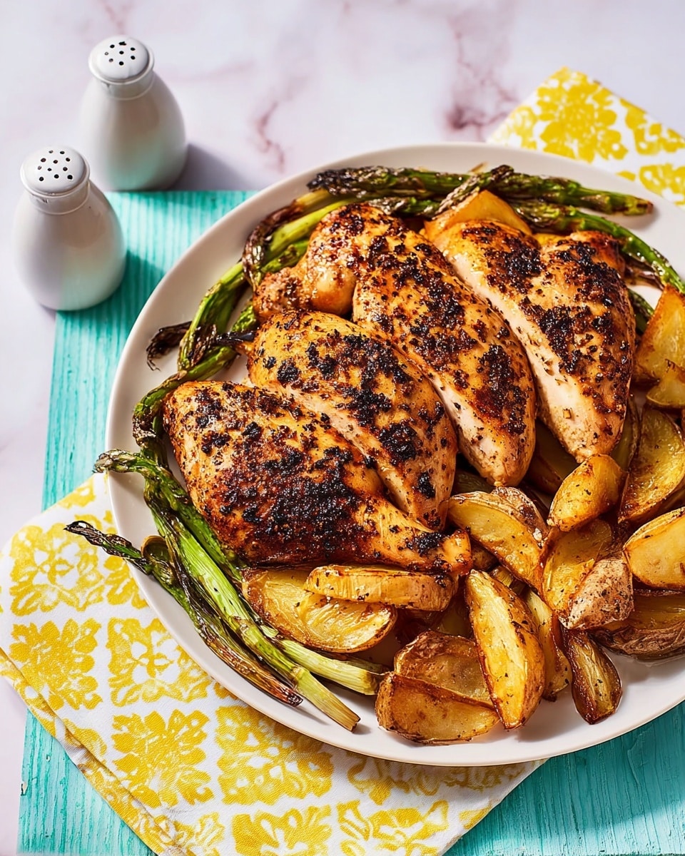 A white round plate holds three large pieces of grilled chicken with a golden brown and black pepper-speckled crust, positioned in a fan shape across the plate. Underneath and around the chicken are thick-cut roasted potato wedges with a light brown roasted texture and pieces of charred green spring onions scattered between the potatoes and chicken. The plate is placed on top of a yellow and white patterned cloth, which rests over a light blue textured board, all on a white marbled surface. Two white salt and pepper shakers are visible to the side. photo taken with an iphone --ar 4:5 --v 7