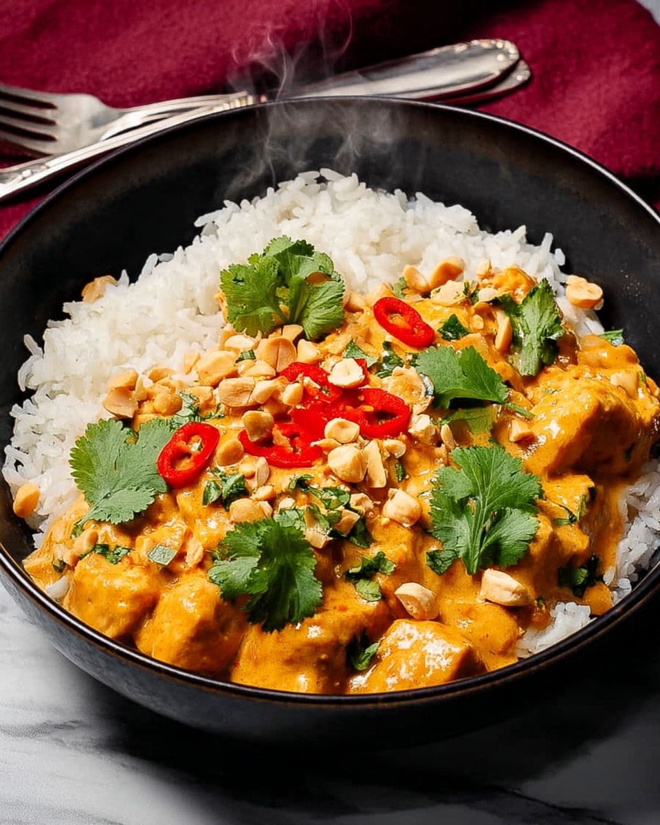 A black bowl filled halfway with fluffy white rice, topped with a creamy orange curry containing chunky pieces of tofu. The curry is garnished with fresh green cilantro leaves, small red chili slices, and chopped light brown peanuts scattered across the surface. Steam rises gently from the warm dish, and the bowl sits on a white marbled surface with a silver fork placed nearby. photo taken with an iphone --ar 4:5 --v 7