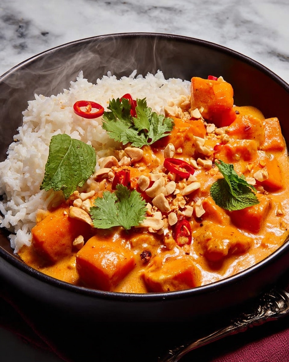 A dark bowl filled with white rice on one side and chunky orange curry on the other side, with steam rising from the curry. The curry contains bright orange cubes, garnished with fresh green cilantro leaves, small red chili slices, and scattered light brown chopped nuts. The bowl sits on a white marbled surface with a fork placed nearby. The rich colors and textures make the dish look warm and fresh. photo taken with an iphone --ar 4:5 --v 7