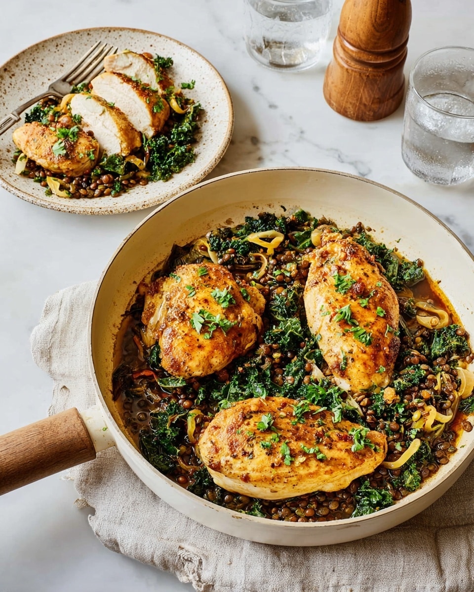 A white frying pan holds three browned chicken breasts on top of a bed of cooked kale, lentils, and thinly sliced yellow onions mixed in a dark, slightly oily sauce. The chicken breasts are golden with some crispy edges and sprinkled with chopped fresh green herbs, adding a touch of brightness. Behind the pan, a beige speckled white plate features a few sliced chicken pieces sitting on a smaller portion of the same kale and lentil mixture. The scene is set on a white marbled surface, with a light cloth napkin under the pan and a wooden pepper grinder and glass of water in the background. Photo taken with an iphone --ar 4:5 --v 7