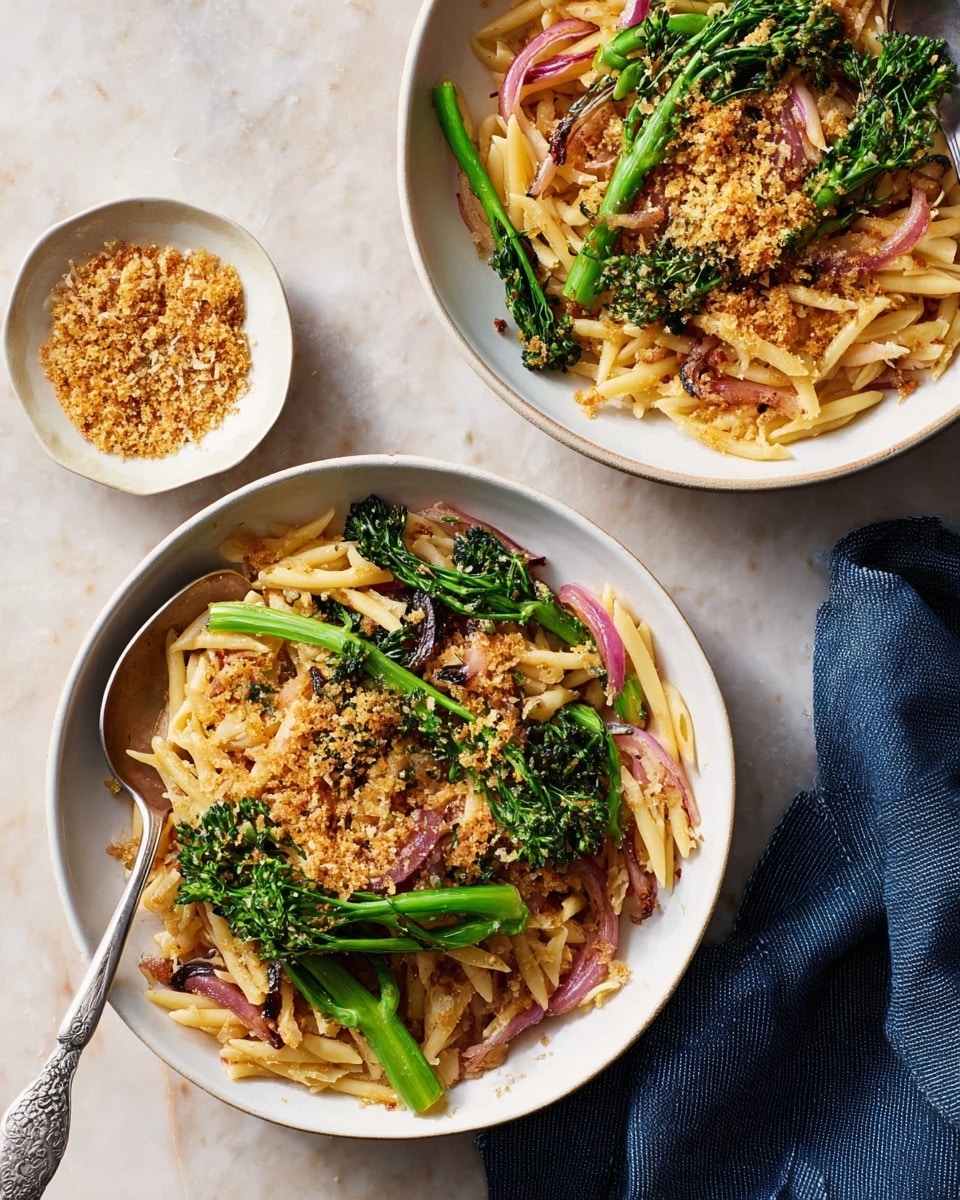 Two white bowls filled with pasta and vegetables sit on a white marbled surface. Each bowl has a base layer of golden, slightly browned pasta mixed with thin slices of pinkish-red onions. On top and mixed through are bright green broccolini stalks, adding fresh color and texture. Scattered on the pasta are crispy, golden-brown breadcrumbs that add crunch. A silver spoon rests inside the top right bowl, and a small white bowl with more breadcrumbs and a small silver spoon is placed nearby on the left. A dark blue cloth napkin is draped on the right side of the surface. photo taken with an iphone --ar 4:5 --v 7