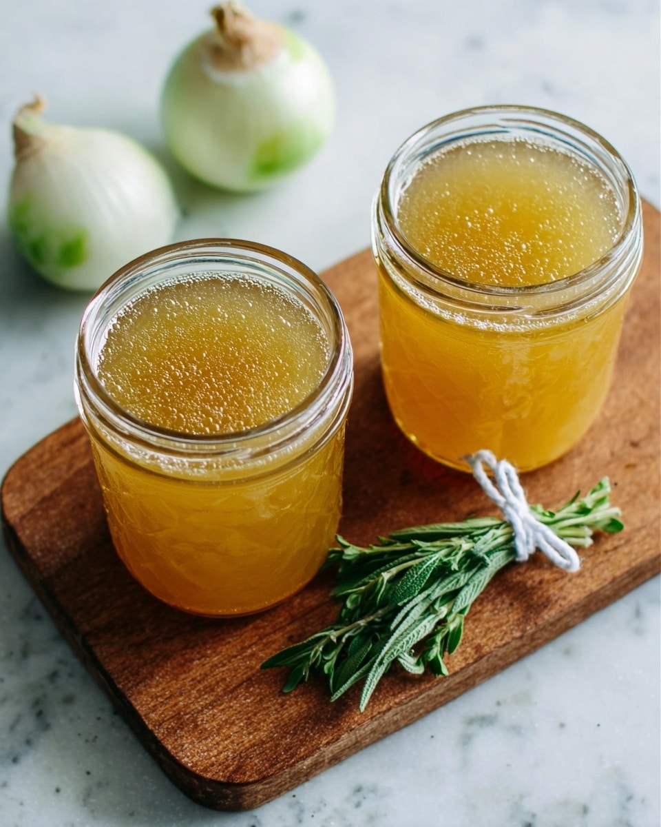 The image shows two small clear glass jars filled with a golden-yellow liquid, placed on a wooden cutting board. The liquid has a slightly thick, smooth texture with tiny bubbles visible on the surface. To the left of the jars, there are two halved white onions with greenish outer layers. In front of the jars, a small bundle of fresh green herbs, tied with white string, lies on the cutting board. The background is a white marbled surface. Photo taken with an iphone --ar 4:5 --v 7