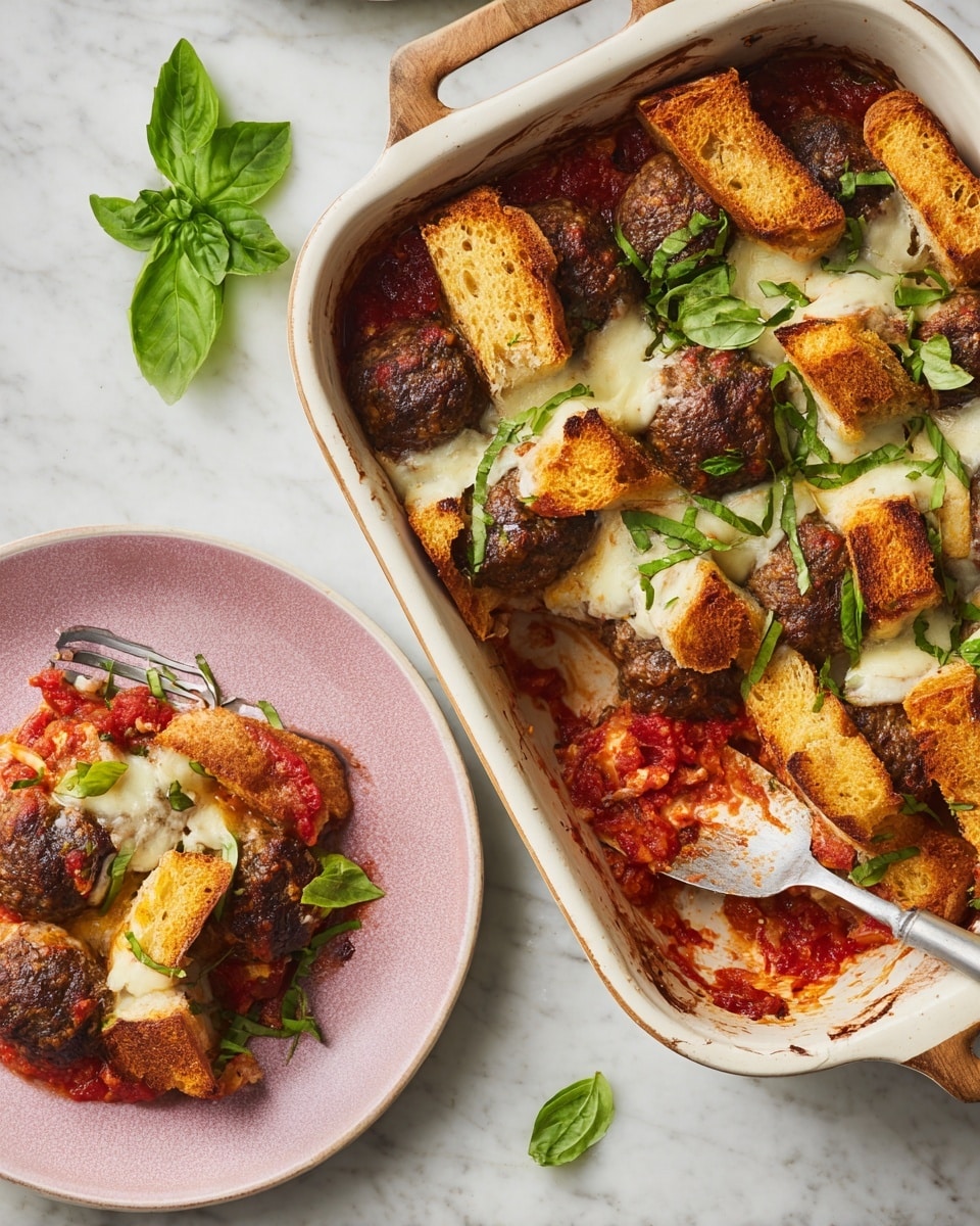A white baking dish filled with a baked meatball and bread casserole showing about four layers: a base layer of chunky red tomato sauce with some melted cheese patches, a second layer of dark brown, browned meatballs scattered evenly, a third layer of thick golden toasted bread slices standing upright in rows, some parts covered with melted creamy white cheese, topped with bright green fresh basil leaves scattered on top. On the side, a pink plate holds a portion of the casserole with visible meatball, bread, tomato sauce, and cheese, with a silver fork resting on the plate against a wooden handle, all set on a white marbled surface with loose basil leaves nearby. photo taken with an iphone --ar 4:5 --v 7