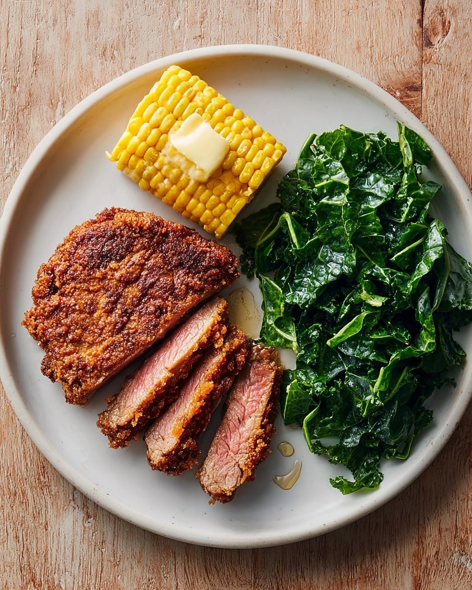 A round white plate with a piece of fried steak, golden brown and crispy on the outside, placed slightly to the left. Two slices of the steak lie cut and show a pink inside. At the top-right of the plate, there is a small piece of bright yellow corn on the cob with a pat of melted butter on top. To the right side of the plate is a pile of dark green cooked leafy kale that looks soft and shiny. The plate is on a light wooden table. photo taken with an iphone --ar 4:5 --v 7
