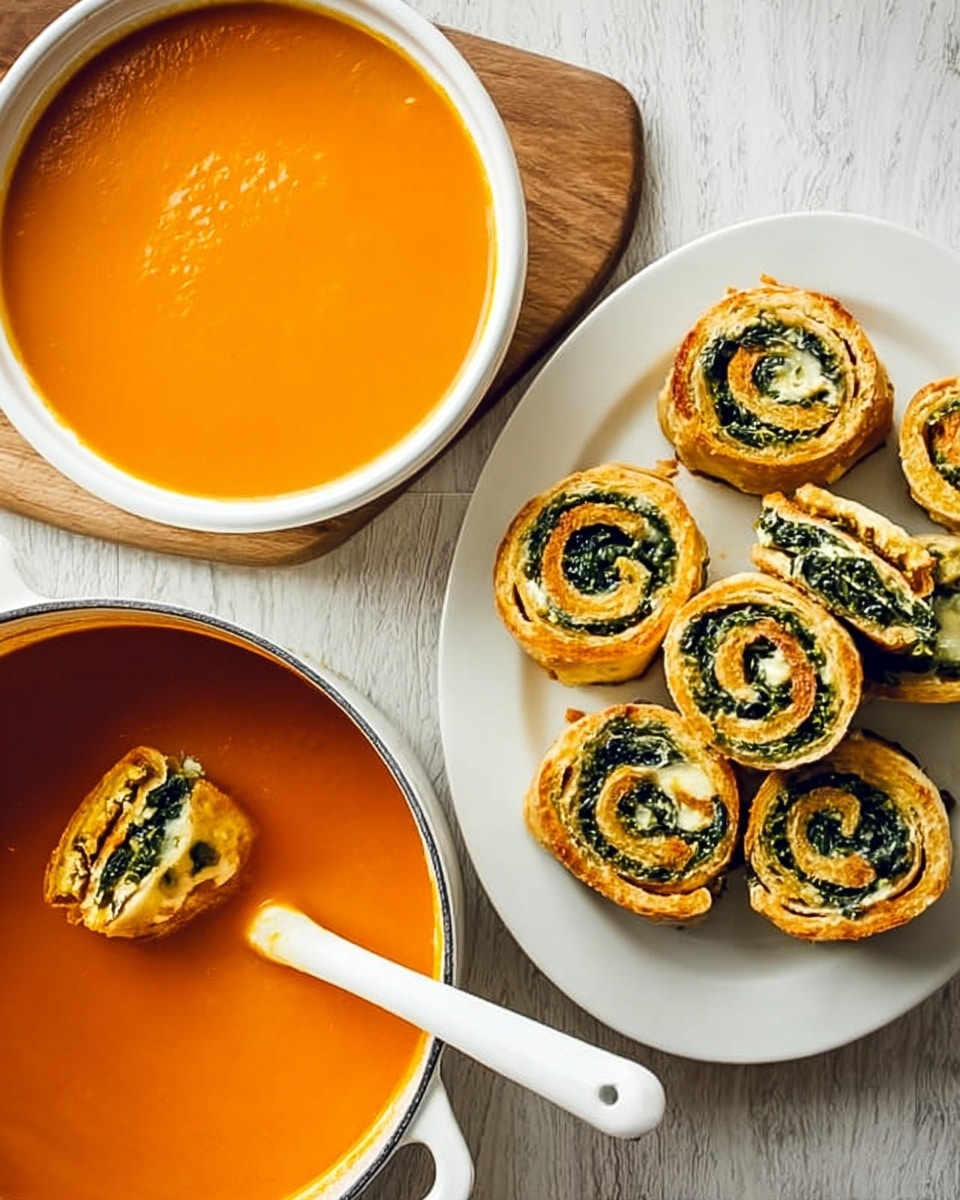 A white bowl filled with smooth, bright orange soup is placed near a white cup with the same orange soup. Next to it, there is a white plate holding eight golden-brown pinwheel pastries filled with green spinach and melted cheese layered inside the spiral dough. A small piece of one pastry is broken off, showing the soft, baked layers with green and cheese filling clearly. The setting is on a wooden surface with a yellow-striped cloth and a white ladle resting in a big pot of the same soup. Photo taken with an iphone --ar 4:5 --v 7