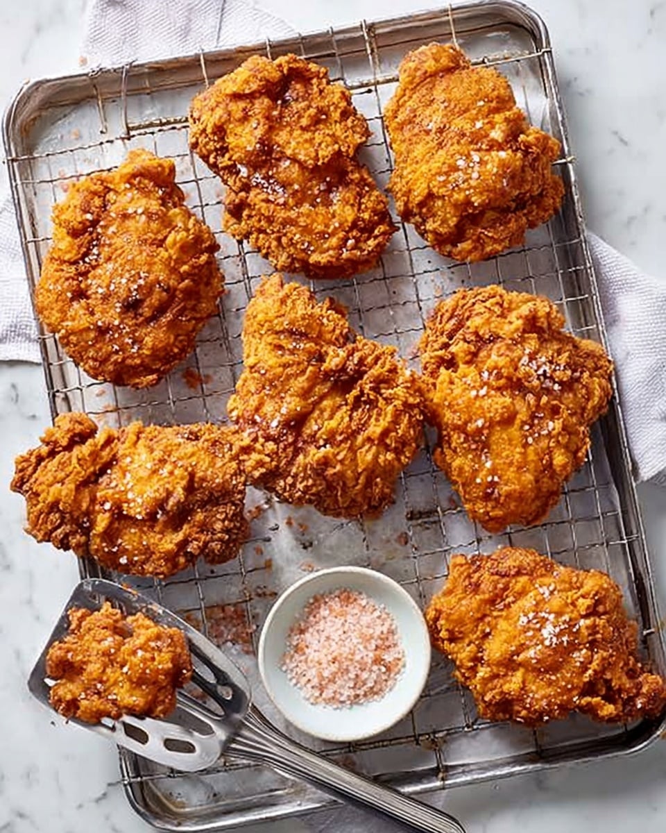 The image shows eight pieces of golden brown fried chicken with a crunchy, uneven texture resting on a white baking rack placed over a white marbled surface. The chicken pieces have a rich, crispy coating with a few visible grains of coarse salt sprinkled on top. In the upper right corner, there is a small white bowl filled with pink salt. A silver skimmer is placed on the left side of the rack, touching one piece of chicken. The whole scene is bright and clean, showing a freshly cooked batch of crispy fried chicken. photo taken with an iphone --ar 4:5 --v 7