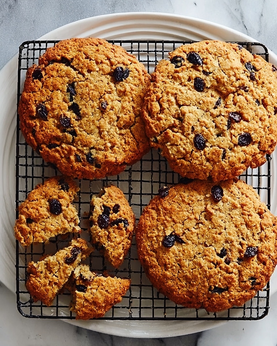 Four large oat cookies with dark raisins are on a black wire cooling rack, which is on a white plate with curved edges. One of the cookies is partially broken into three pieces, showing a crumbly texture. The cookies are golden brown with rough, cracked tops and scattered raisin spots. The plate rests on a white marbled surface. Photo taken with an iphone --ar 4:5 --v 7