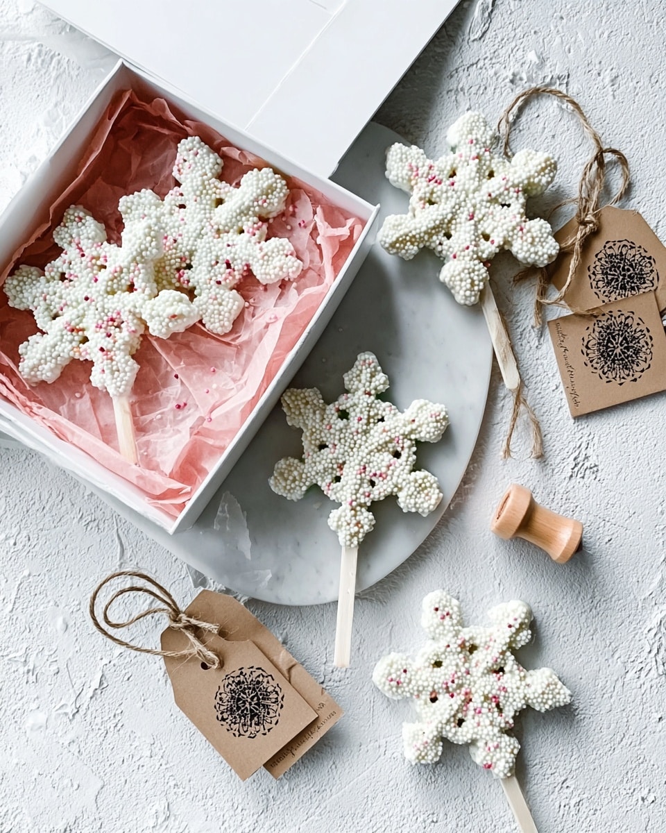 The image shows five white snowflake-shaped lollipops covered in white sprinkles. Three lollipops lay on a white marbled surface, while two rest inside a white open box lined with pink tissue paper. Around the box are three brown gift tags with black snowflake prints tied with natural twine. A small wooden stamp is placed near the tags. The scene is bright and clean with a holiday feel. Photo taken with an iphone --ar 4:5 --v 7