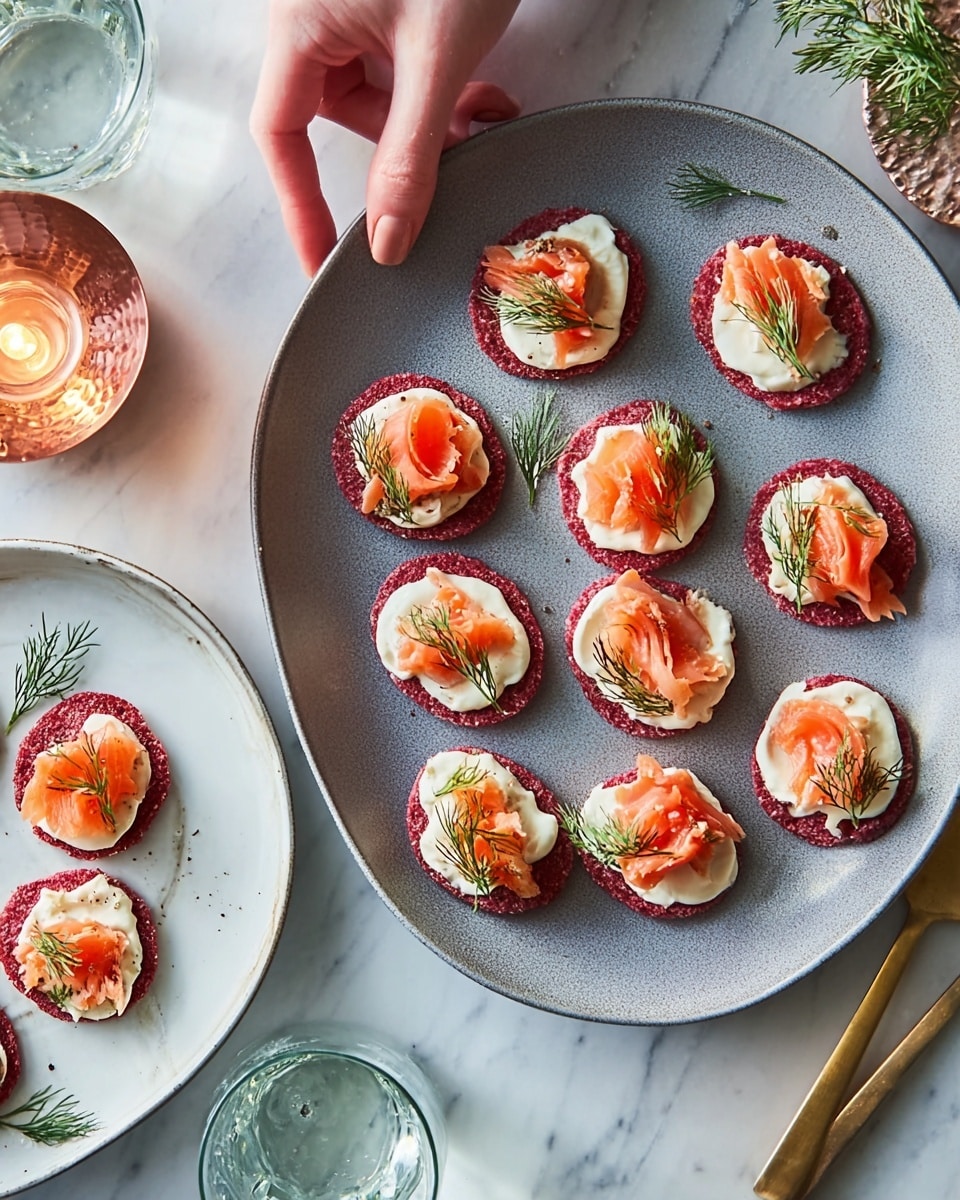 The image shows several bite-sized appetizers arranged neatly on a large grey oval plate and smaller white plates, all placed on a white marbled surface. Each appetizer has a base layer of a round, deep pink, slightly textured cracker. On top of this red base is a dollop of smooth white cream. The final layer consists of light orange pieces of fish or seafood, some curled, with a small sprig of green dill on each bite, adding a fresh touch. A woman's hand is reaching towards one of the appetizers on the white plate. Nearby are clear glasses filled with water and a small round copper decoration glowing softly in the background. Photo taken with an iphone --ar 4:5 --v 7