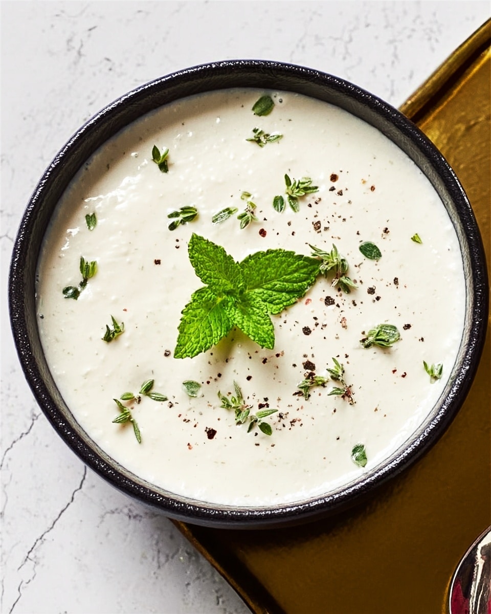 The image shows a round black bowl filled with a smooth, creamy white sauce. The top of the sauce is garnished with small green herb leaves scattered across the surface, and one larger fresh green leaf sits prominently near the center. There are tiny black specks and seeds lightly sprinkled on the sauce. The bowl rests on a shiny golden surface, contrasting with the white marbled texture background. Photo taken with an iphone --ar 4:5 --v 7