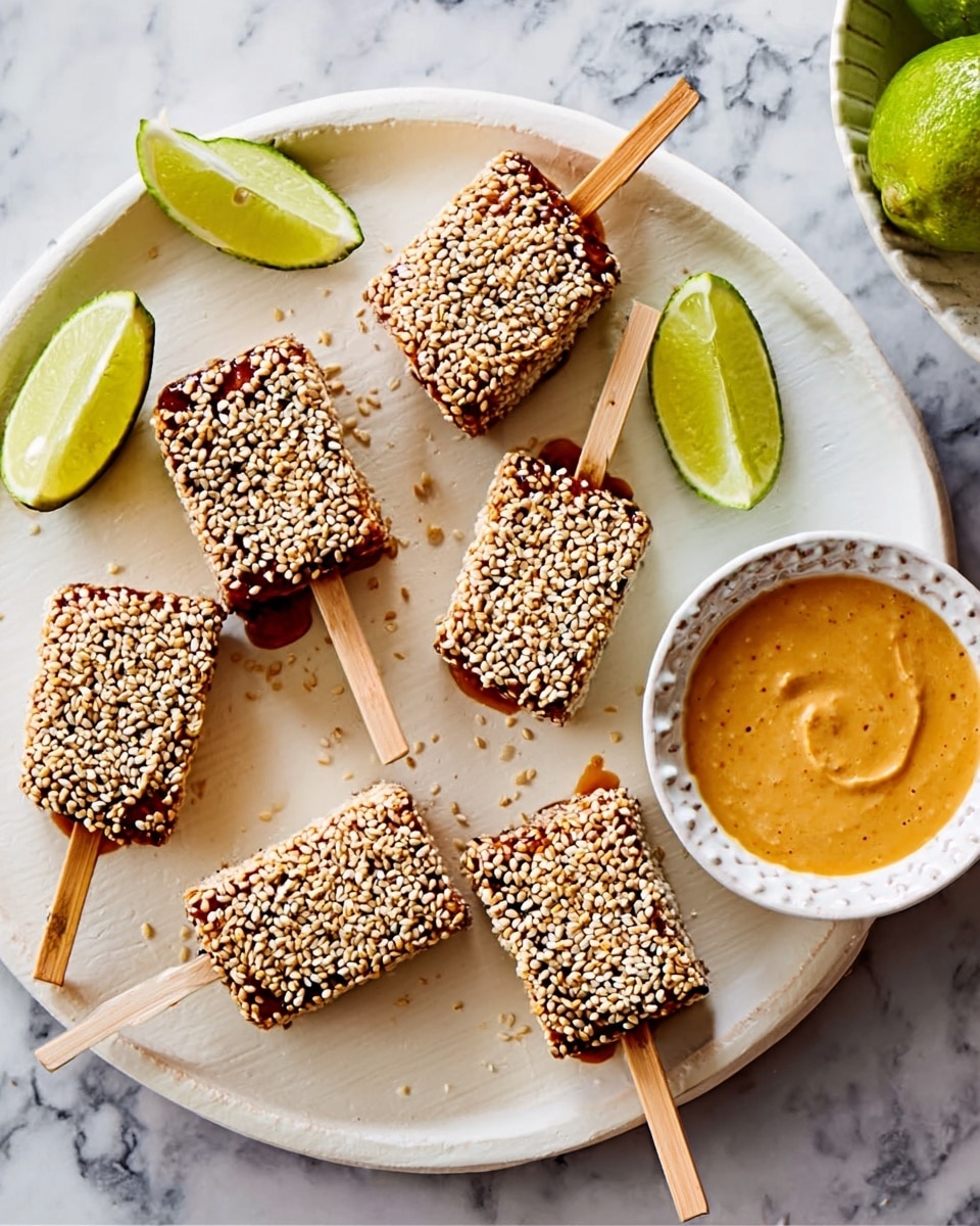 The image shows six rectangular dark brown skewered treats, each dipped halfway in white sesame seeds, arranged on a round white plate. Two green lime wedges are placed on the same plate. To the top right of the plate, there is a small white bowl filled with a light brown sauce with red specks. The background is a white marbled surface. Photo taken with an iphone --ar 4:5 --v 7