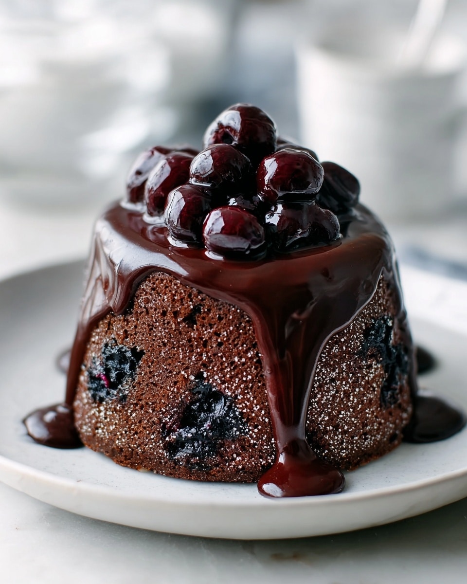 A small, round chocolate cake with a rough texture dotted with dark berries throughout, sitting on a white round plate. The cake is topped with thick, glossy dark chocolate sauce dripping down the sides unevenly. On top of the sauce, there is a small pile of shiny whole dark cherries. The background is a white marbled surface with blurred white and clear glass objects in the back. Photo taken with an iphone --ar 4:5 --v 7