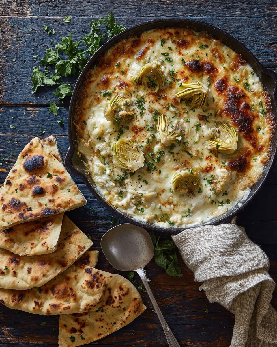 A round black skillet holds a creamy, baked dip with a light golden-brown melted cheese layer on top. Scattered on the surface are slices of pale yellow artichoke hearts and small bits of green herbs, adding a fresh, colorful touch. The texture looks smooth and bubbly with some browned spots from baking. The skillet’s handle is wrapped with a beige woven cloth, resting on a white marbled surface. Beside the skillet, there are several small pieces of warm, toasted pita bread with light brown spots, arranged casually. A silver spoon lies next to the skillet, completing the scene. Photo taken with an iphone --ar 4:5 --v 7
