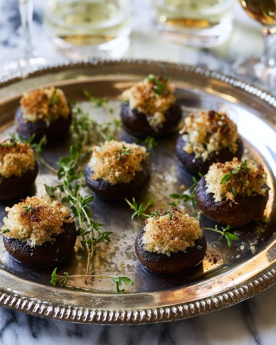 The image shows a silver tray with nine stuffed mushrooms arranged in a loose circle. Each mushroom has a dark brown base topped with a golden, crispy breadcrumb mixture that looks slightly toasted. Small green sprigs of fresh herbs are scattered around and between the mushrooms, adding a touch of fresh green color. The tray sits on a white marbled surface, and there is a white wine glass and a gray napkin slightly visible in the background. Photo taken with an iphone --ar 4:5 --v 7