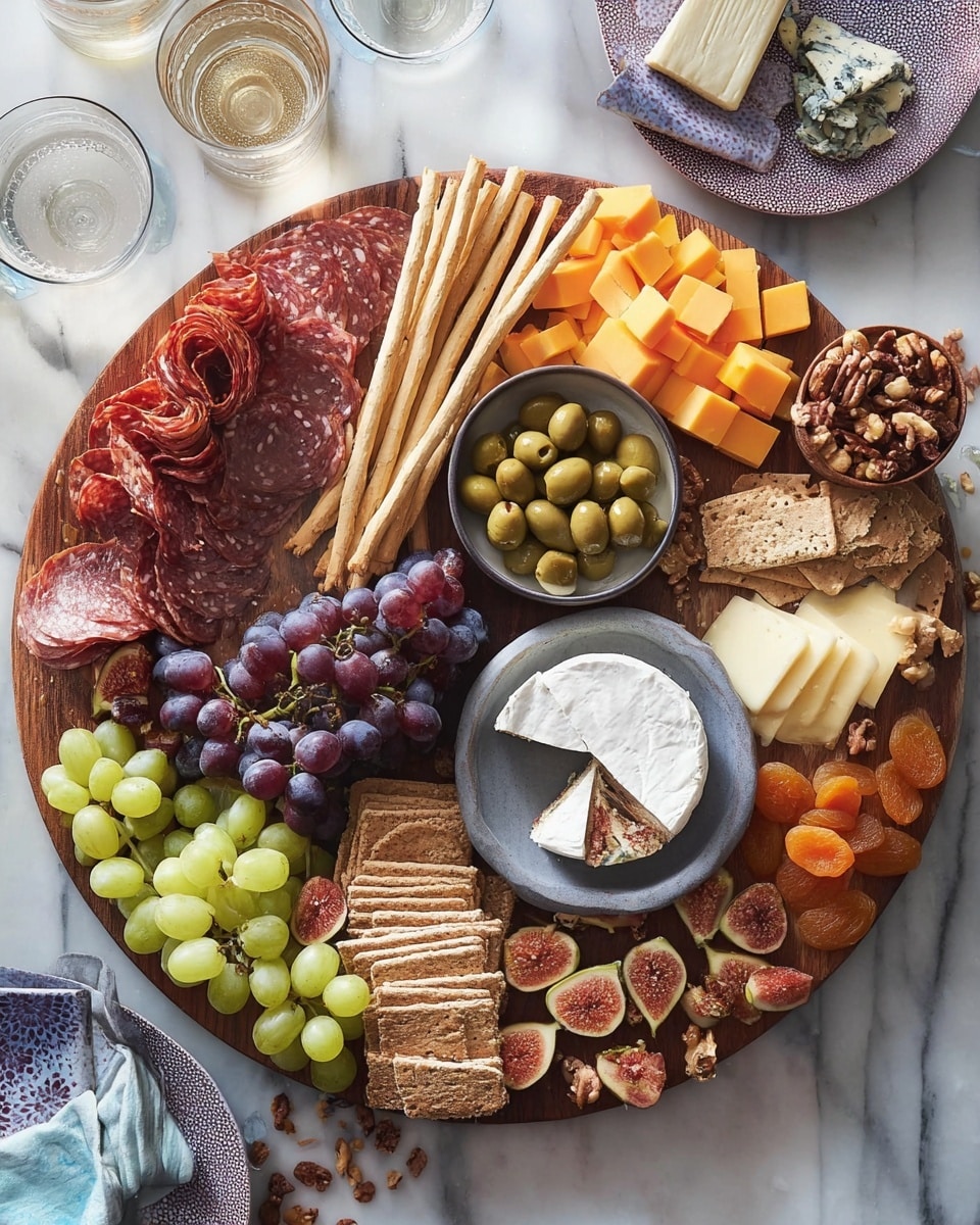 A large round wooden board filled with many layers of food arranged neatly: one layer of thin breadsticks crossing the board diagonally; on one side, orange cheese cubes, beside a pile of folded reddish cured meat, with scattered white almonds underneath; near the center, a bowl of shiny green olives; next to it, a block of soft white-rinded cheese and another blue-veined cheese, each topped with sliced green figs showing purple interiors; clusters of dark purple grapes surround a round white cheese wheel with a wedge cut out; dried apricots and brown glazed nuts fill spaces between the cheeses; several stacks of flat crackers, some plain off-white and others dark brown with seeds, lie along the edge; small green and purple fresh figs are placed for decoration; the whole board sits on a white marbled surface with a few glasses of water and wine nearby. Photo taken with an iphone --ar 4:5 --v 7
