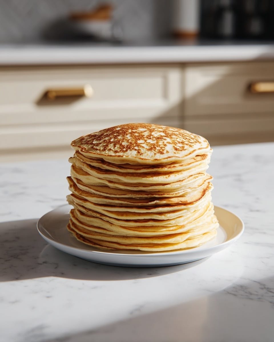 A tall stack of twelve golden-brown pancakes sits centered on a plain white plate. Each pancake is thin and evenly cooked with a light, slightly spotted texture on the top layer and smooth, soft edges visible on the sides. The stack creates a warm gradient from light beige to golden at the top, fading slightly as it moves down. The plate rests on a white marbled surface with soft natural light casting gentle shadows to the right. The background is a calm, blurred kitchen scene with cream-colored cabinets and metallic handles, adding a cozy homey feel. photo taken with an iphone --ar 4:5 --v 7