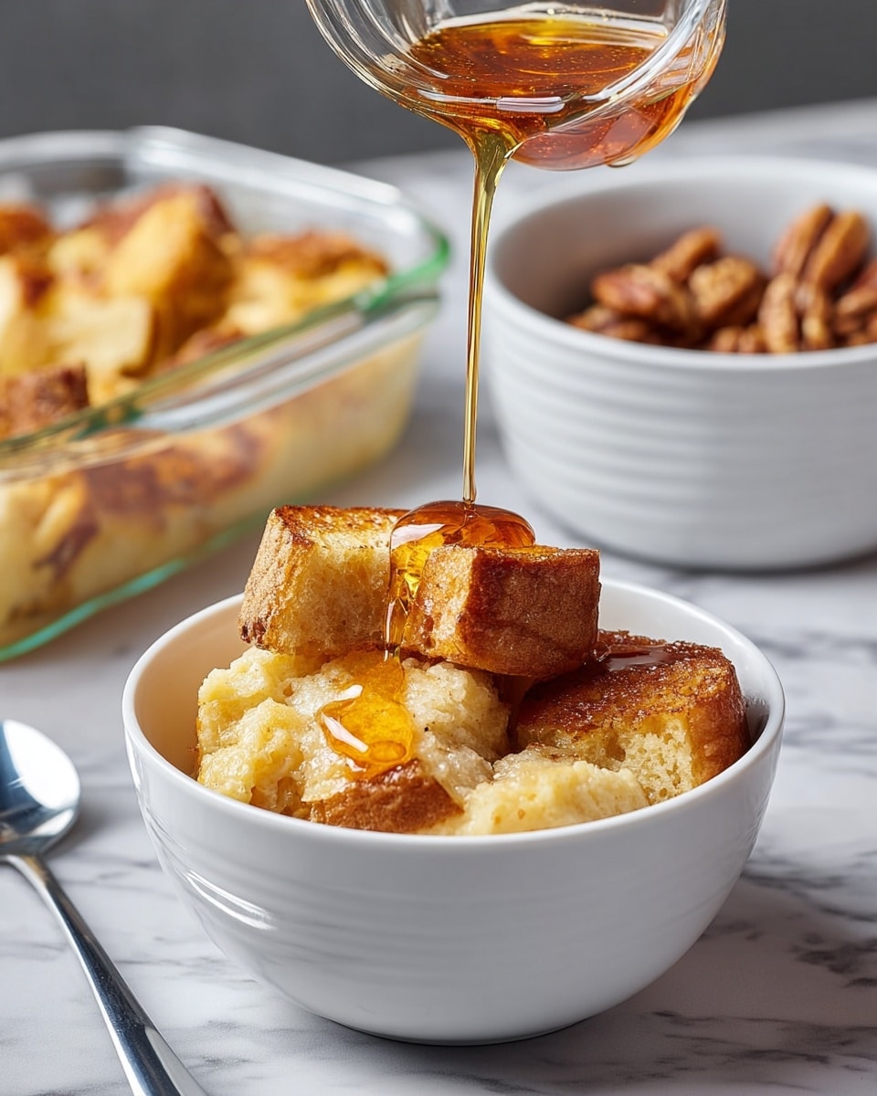 A white bowl filled with golden brown bread pudding is placed on a white marbled surface with a silver spoon beside it. The pudding shows a mix of soft, moist bread pieces in light yellow and toasted crusts in deeper brown. In the middle, amber syrup is being poured over the bread pudding, creating a shiny, sticky texture on top. In the background, there is a white bowl with caramelized bits and a glass baking dish filled with more bread pudding. A blurred gold and white plant pot is visible further back. photo taken with an iphone --ar 4:5 --v 7
