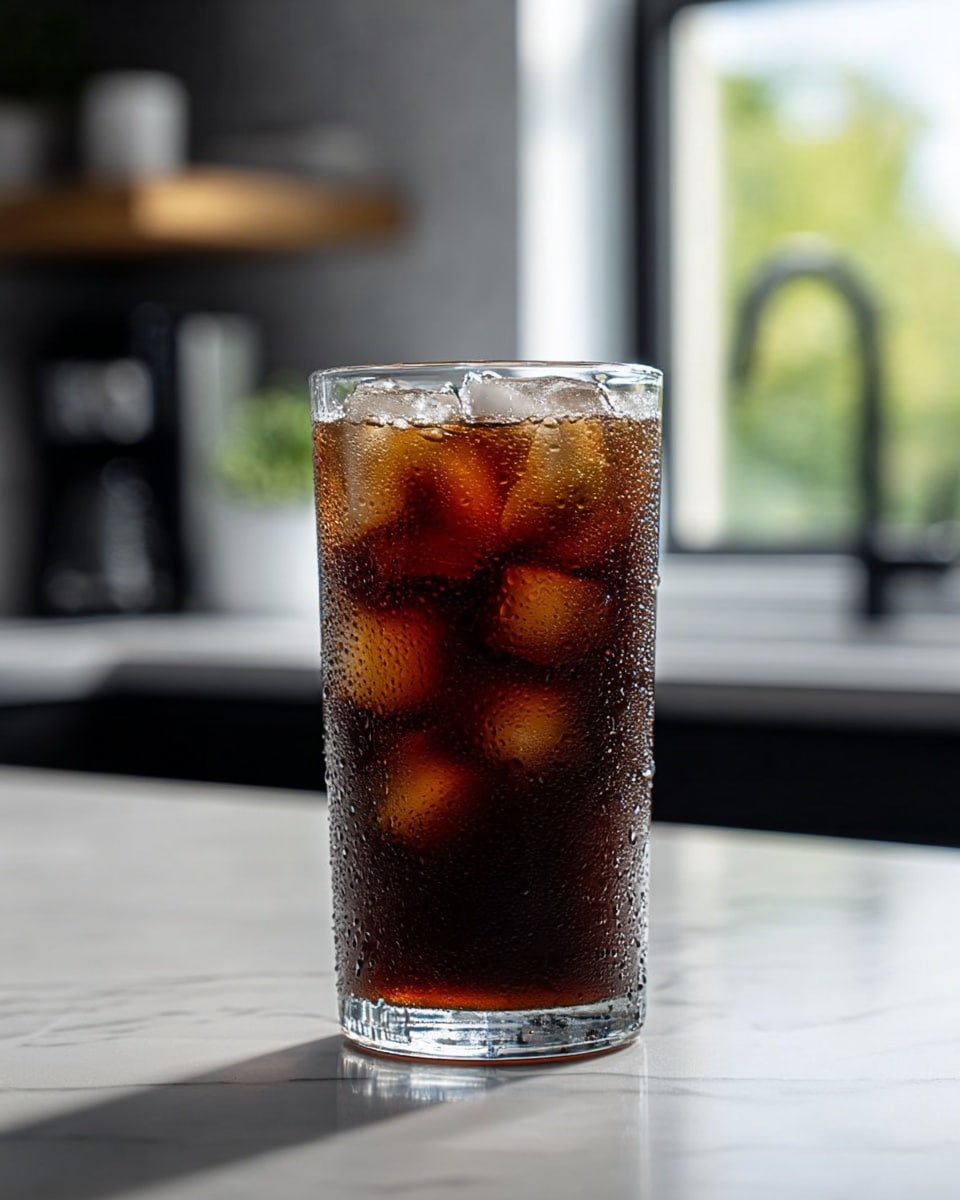 A tall clear glass filled with dark brown iced coffee and several large ice cubes floating on top and throughout, with droplets of condensation on the outside of the glass, placed on a smooth white marbled surface in a kitchen setting with blurred windows and appliances in the background. photo taken with an iphone --ar 4:5 --v 7