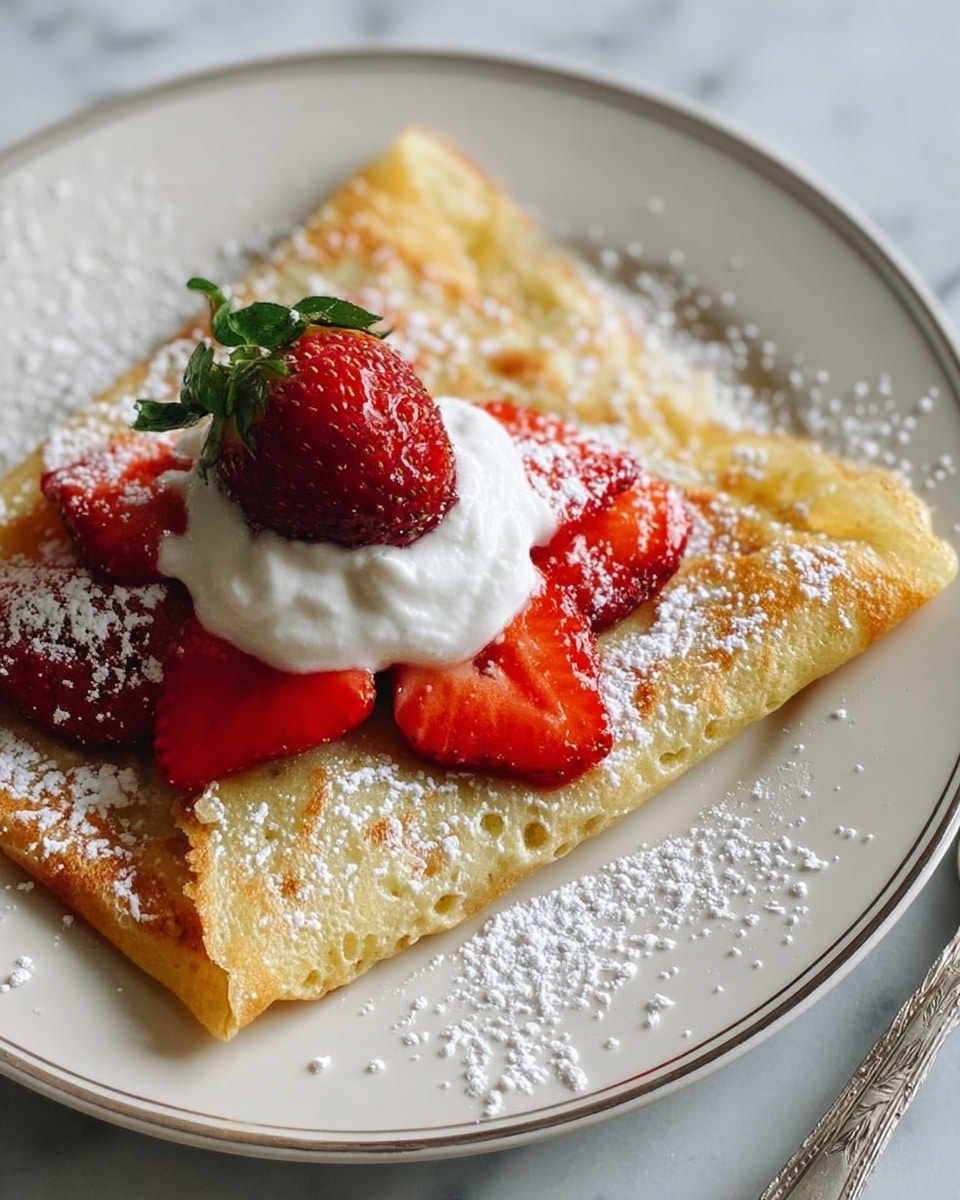 A triangular folded crepe sits on a white plate with a thin silver rim. The crepe is golden brown with a soft, slightly crispy texture. On top of the crepe, there are several bright red strawberry slices and one whole strawberry with its green leaves still on. A dollop of white whipped cream rests on the middle of the crepe, partially covering the strawberries. The whole dish is lightly dusted with white powdered sugar, some falling onto the plate. The plate is placed on a white marbled surface with a partial view of a silver fork on the right side. photo taken with an iphone --ar 4:5 --v 7