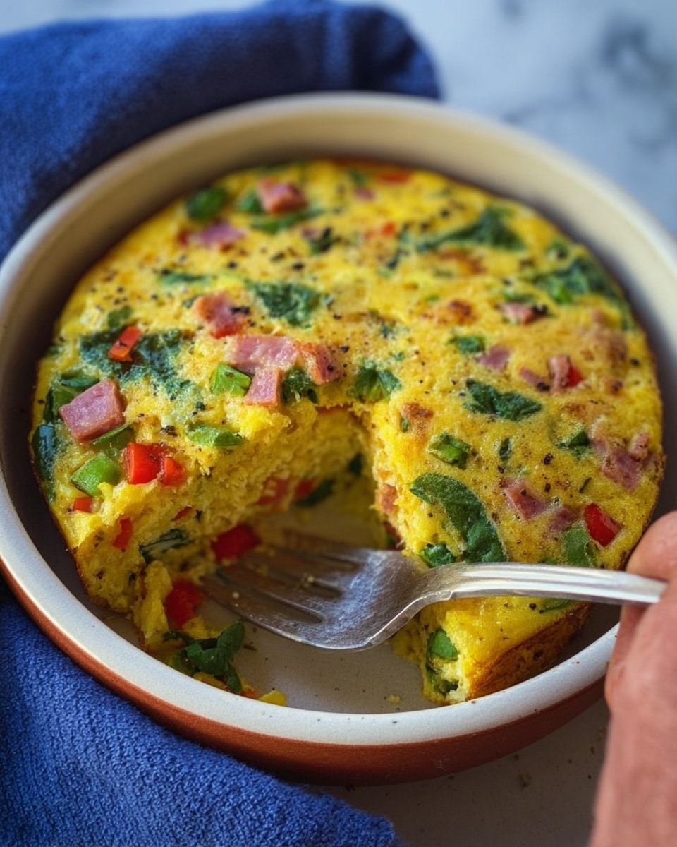 A close-up image shows a round, thick omelette in a white bowl, filled with colorful pieces of red, green, and pink vegetables or meat mixed throughout a soft yellow egg base. A silver fork holds a small bite of the flaky, slightly moist omelette from the bottom right of the bowl, where a wedge has been cut out to reveal layers of ingredients inside. A woman's hand holding a blue cloth is visible on the left, softly gripping the bowl on a white marbled surface. The textures are fluffy and slightly chunky with vibrant colors contrasting the smooth white bowl photo taken with an iphone --ar 4:5 --v 7