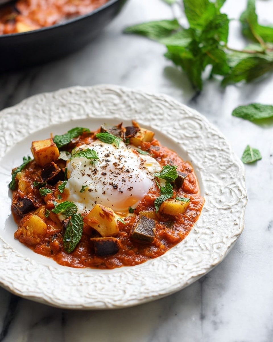 A white plate with decorative edges holds a dish made of layers: the base layer is a thick, chunky orange-red sauce with small white spots, topped in the center by a soft, white poached egg sprinkled with black pepper. Around the egg, there are golden-brown and dark-brown irregular cubes, likely roasted vegetables, and fresh dark green mint leaves scattered on top. The plate is placed on a white marbled surface with some fresh mint leaves nearby and a black pan with more sauce slightly blurred in the background. Photo taken with an iphone --ar 4:5 --v 7
