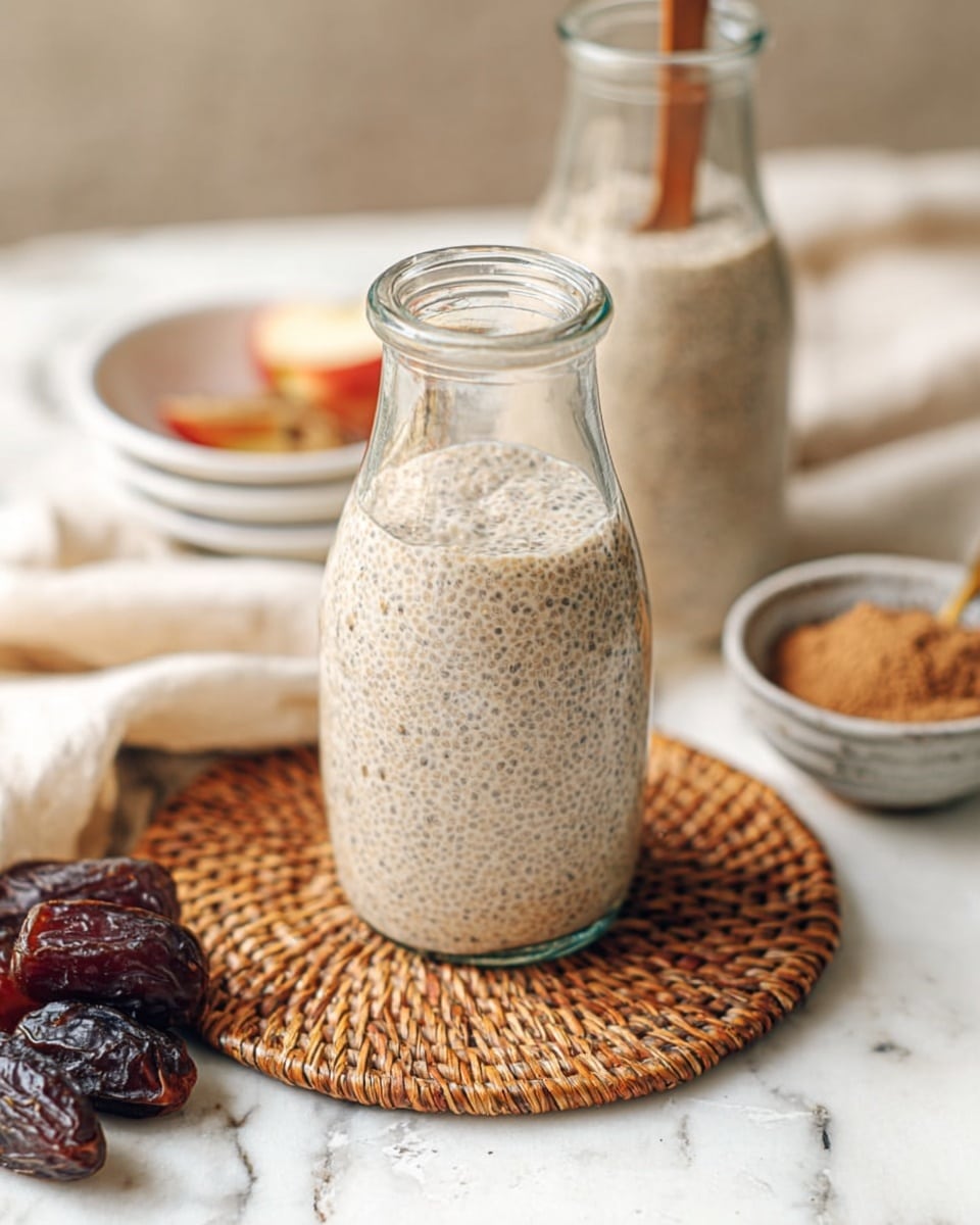 The image shows a small clear glass bottle filled with a beige creamy mixture with tiny darker specks, placed on a round woven straw mat. Behind it, there is another similar bottle with a wooden stick inside, holding the same creamy mixture. To the right, there is a white bowl containing brown powder, and slices of red apple are partially visible. In the bottom left corner, there are a few dark brown dates resting on the white marbled surface. The scene is softly lit, highlighting the textures of the creamy liquid, woven mat, and surrounding items. Photo taken with an iphone --ar 4:5 --v 7