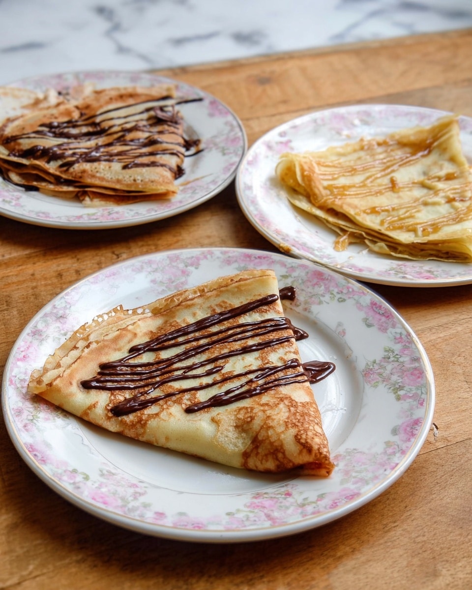Three white plates with light pink and brown floral patterns sit on a wooden surface. Each plate holds one folded crepe. The first crepe is folded into a triangle and topped with a drizzle of dark brown chocolate sauce in a loose zigzag pattern. The second crepe, also folded into a triangle, has a light golden color and is topped with a light drizzle of syrup. The third crepe is folded multiple times into a smaller triangular shape, creating visible layers with a golden brown color and smooth texture. The background is a white marbled texture. Photo taken with an iphone --ar 4:5 --v 7